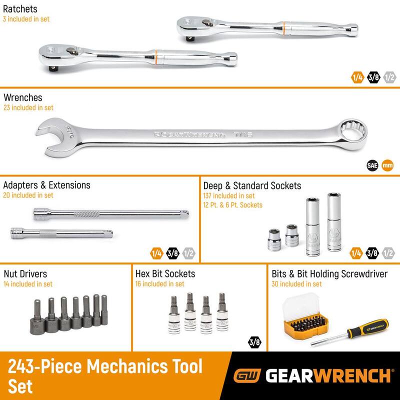SET DE HERRAMIENTAS MECÁNICAS GEARWRENCH de 1/4 in., 3/8 in. y 1/2 in. Con Punta de 6 Puntas SAE/Métricas en Caja de Almacenamiento de 3 Cajones (243 Piezas) - 80966