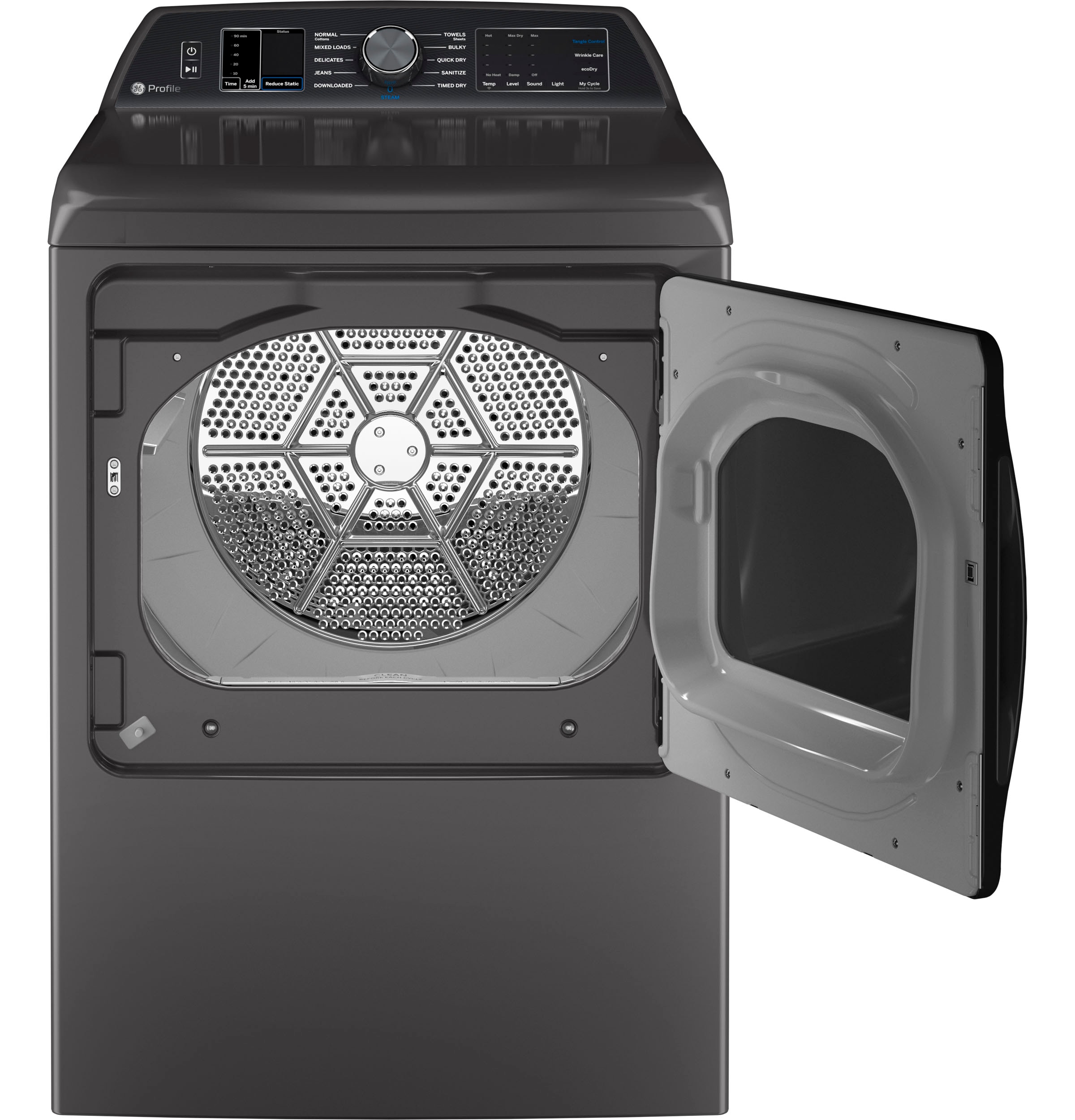 Secadora eléctrica con ciclo de vapor de 7.4 pies cúbicos de la línea GE Profile (Gris Diamante) certificada Energy Star PT70EBPTDG