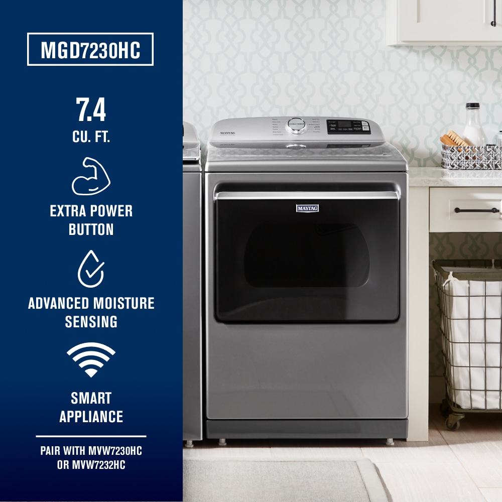 Secadora de gas Maytag Smart Capable de 7.4 pies cúbicos con ciclo de vapor y compatible con dispositivos inteligentes (Slate Metálico) Certificada por Energy Star MGD7230HC.
