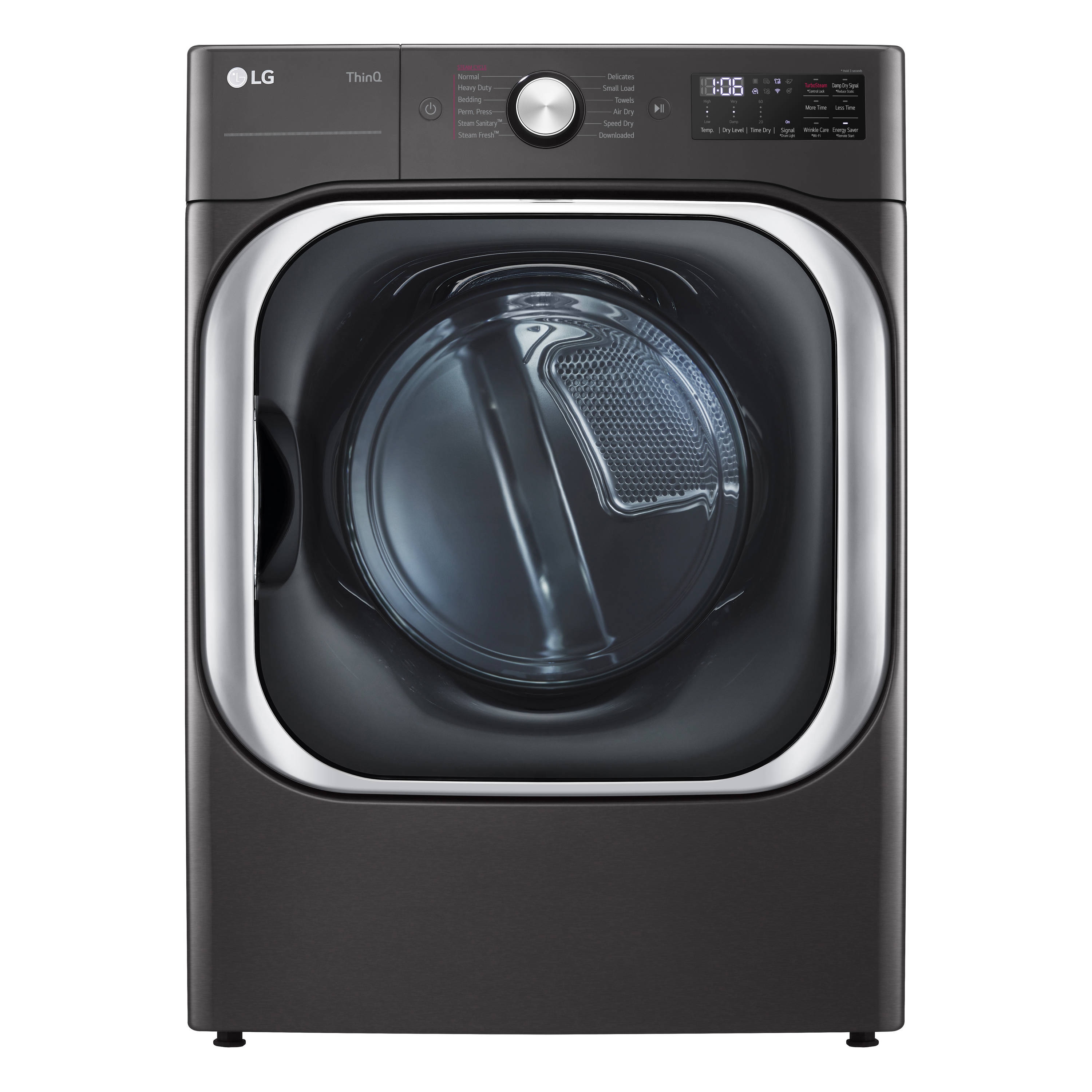 Secadora eléctrica ventila apilable con ciclo de vapor TurboSteam de 9 pies cúbicos en acero negro con certificación Energy Star DLEX8900B de LG