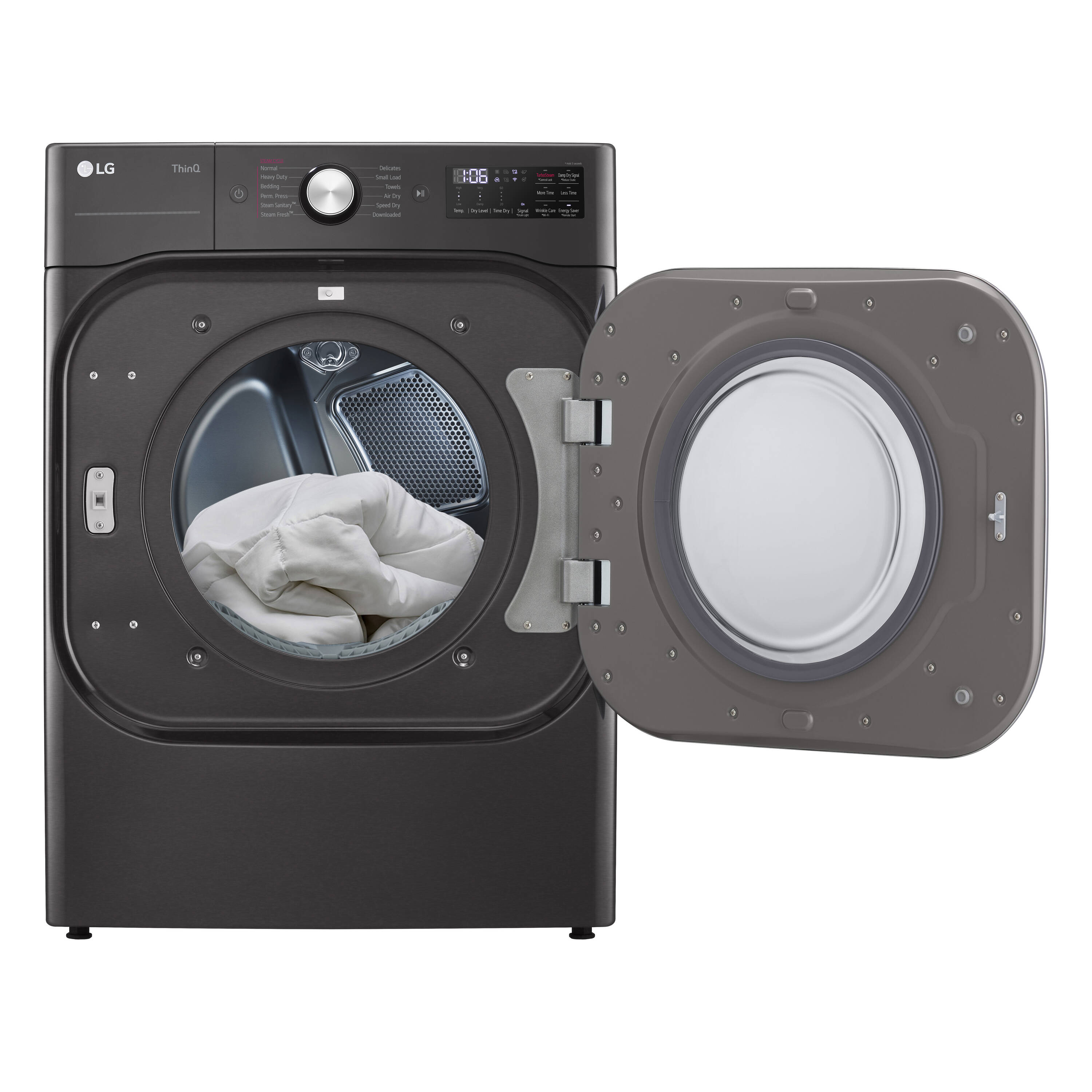 Secadora eléctrica ventila apilable con ciclo de vapor TurboSteam de 9 pies cúbicos en acero negro con certificación Energy Star DLEX8900B de LG