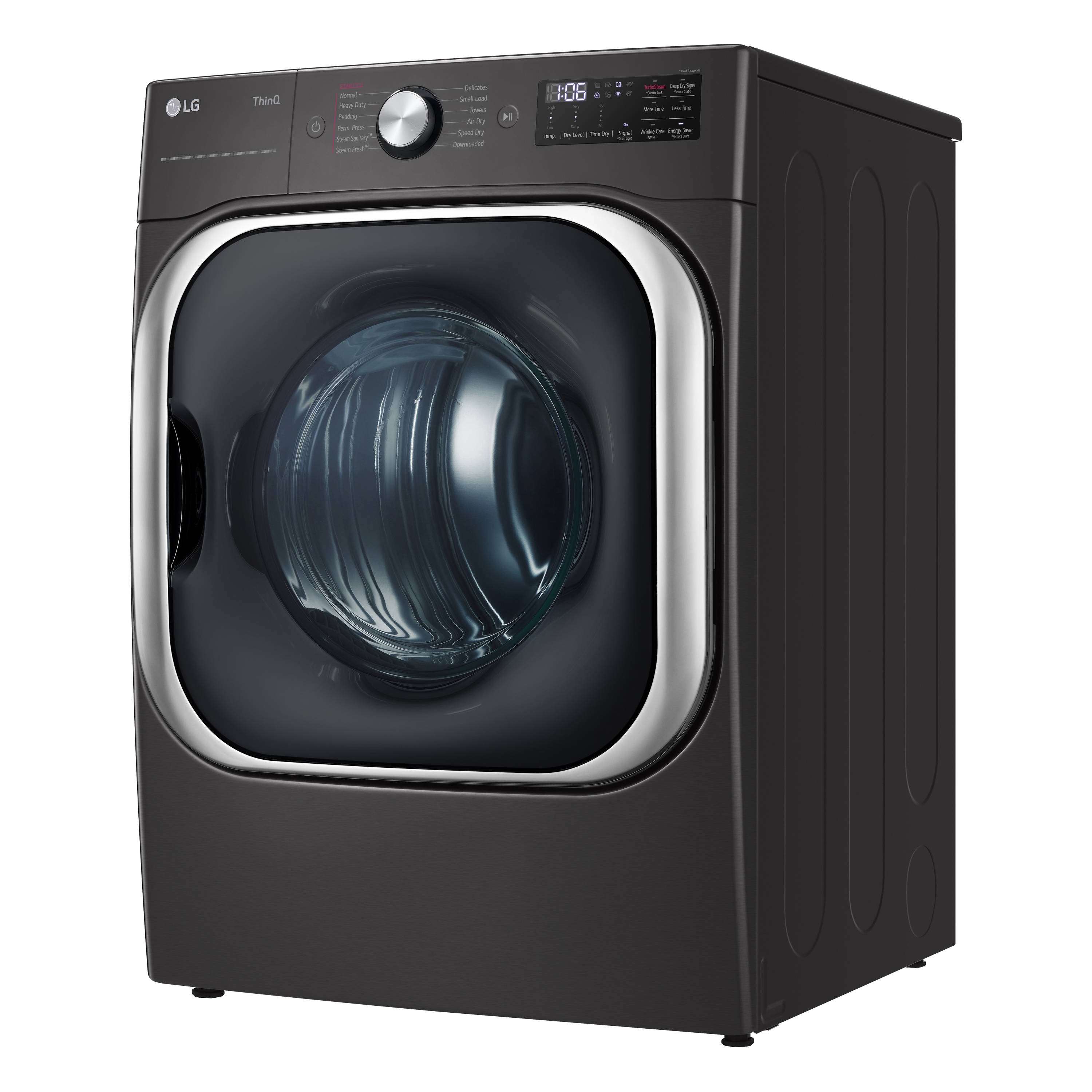Secadora eléctrica ventila apilable con ciclo de vapor TurboSteam de 9 pies cúbicos en acero negro con certificación Energy Star DLEX8900B de LG