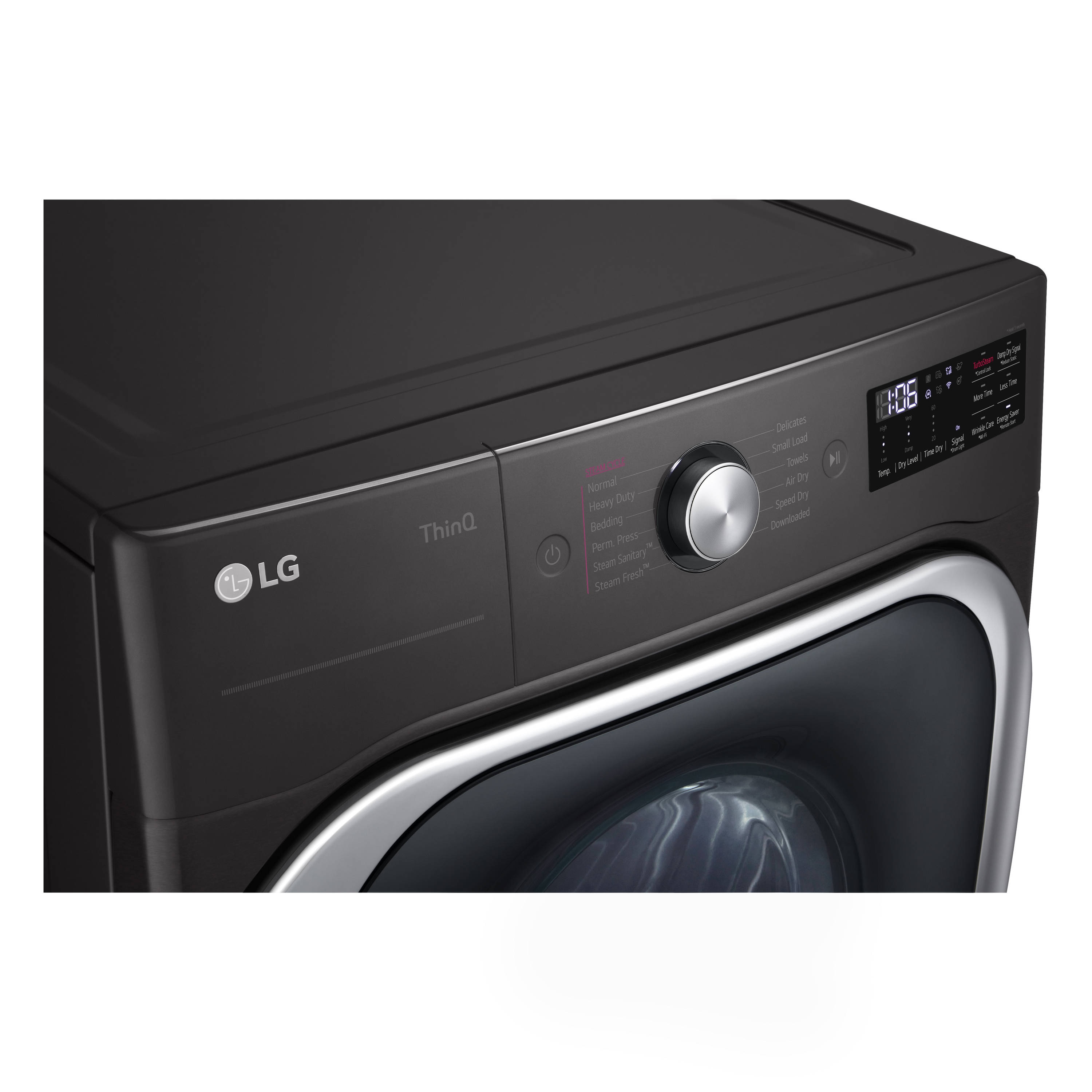 Secadora eléctrica ventila apilable con ciclo de vapor TurboSteam de 9 pies cúbicos en acero negro con certificación Energy Star DLEX8900B de LG