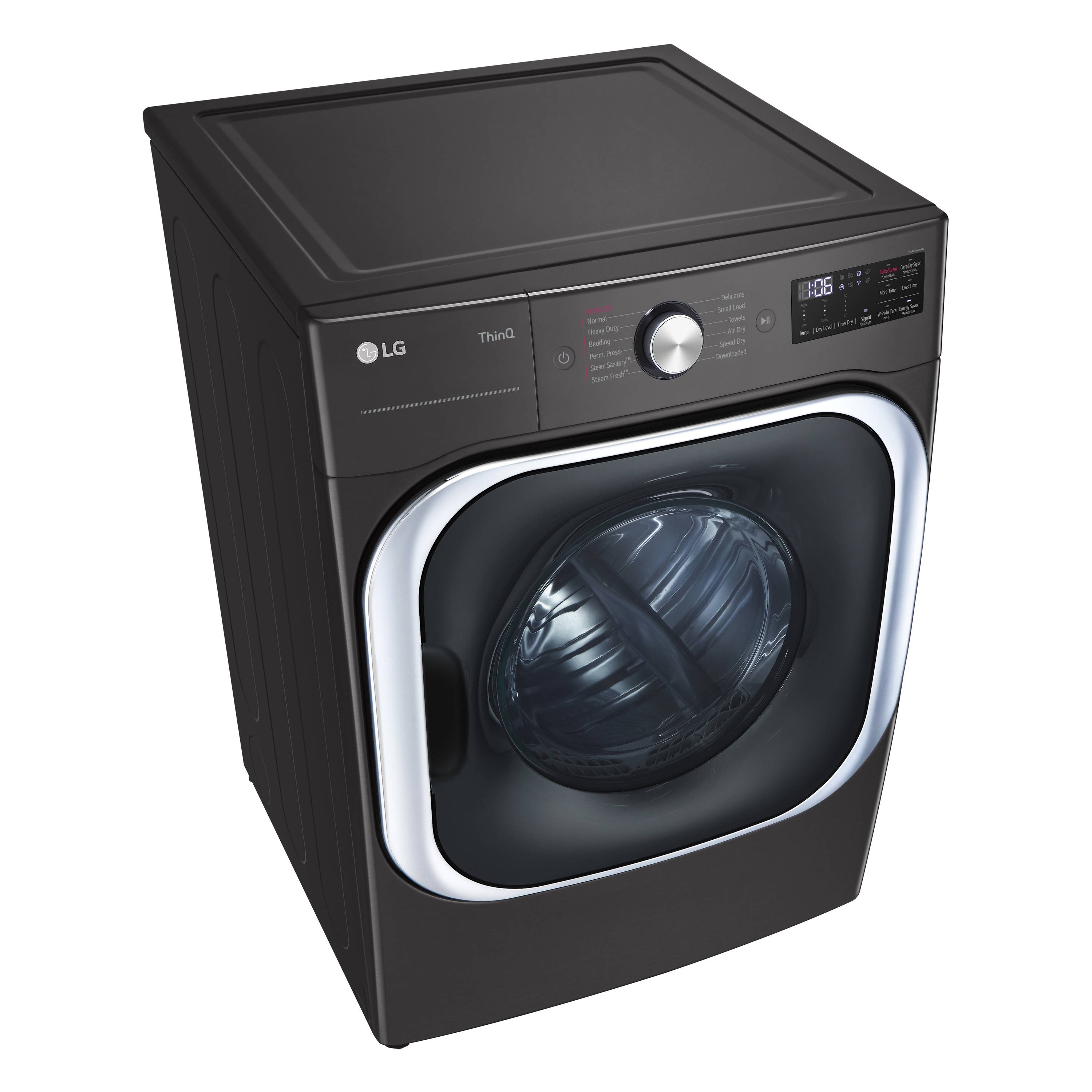 Secadora eléctrica ventila apilable con ciclo de vapor TurboSteam de 9 pies cúbicos en acero negro con certificación Energy Star DLEX8900B de LG