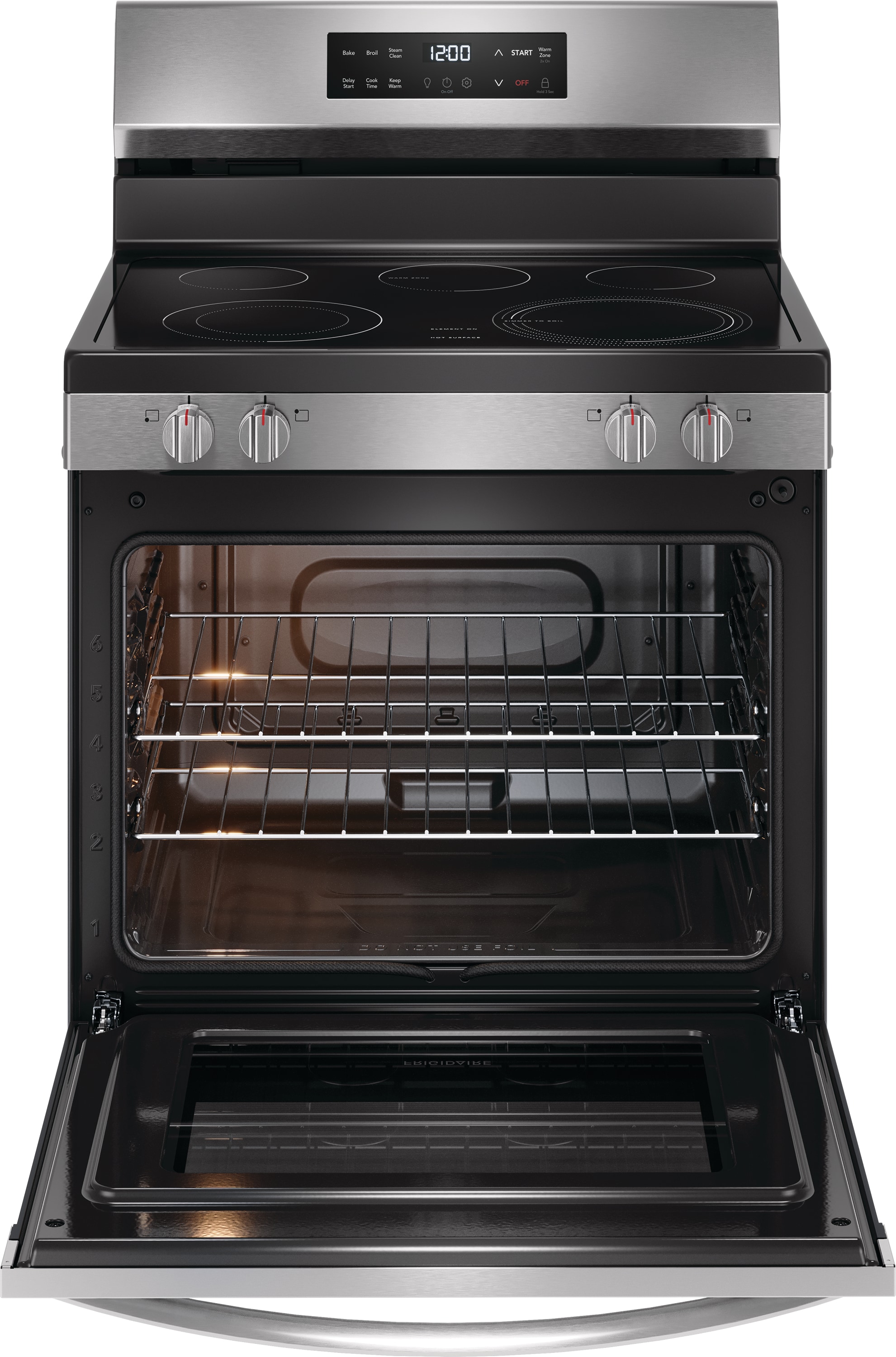 Estufa eléctrica independiente de 5 quemadores de vidrio de 30 pulgadas de acero inoxidable resistente a las huellas dactilares de 5.3 pies cúbicos de Frigidaire