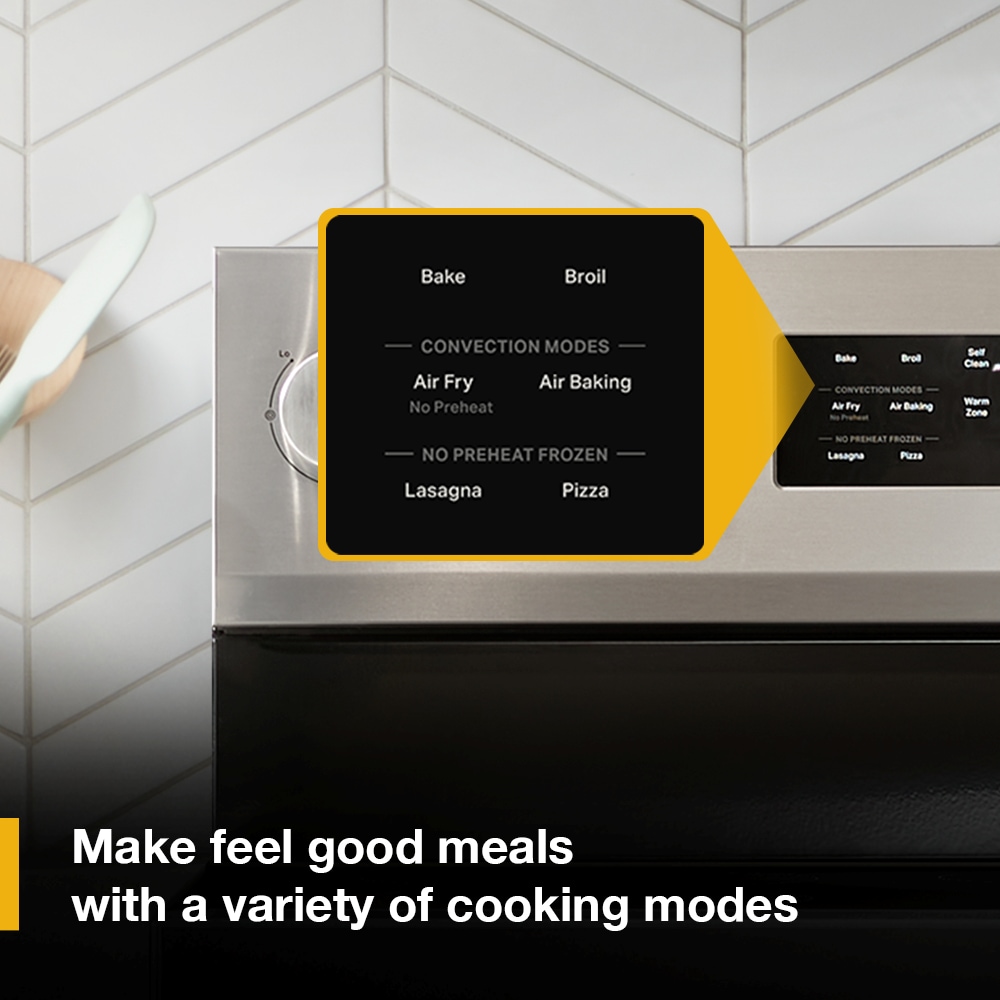 Tecnología de cocción al aire de Whirlpool, Estufa eléctrica independiente de 30 pulgadas con cubierta de vidrio, 5 quemadores, horno de convección de aire caliente de 5.3 pies cúbicos y freidora de aire (Negra) WFES5030RB