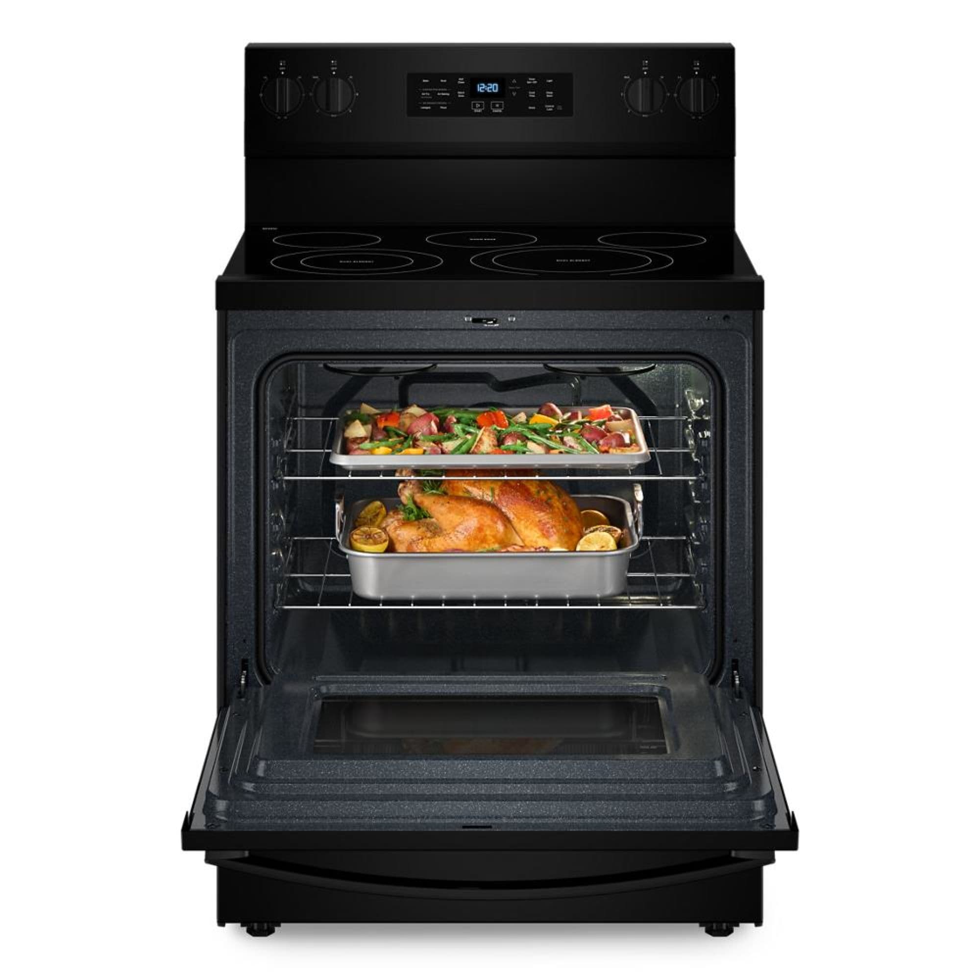 Tecnología de cocción al aire de Whirlpool, Estufa eléctrica independiente de 30 pulgadas con cubierta de vidrio, 5 quemadores, horno de convección de aire caliente de 5.3 pies cúbicos y freidora de aire (Negra) WFES5030RB