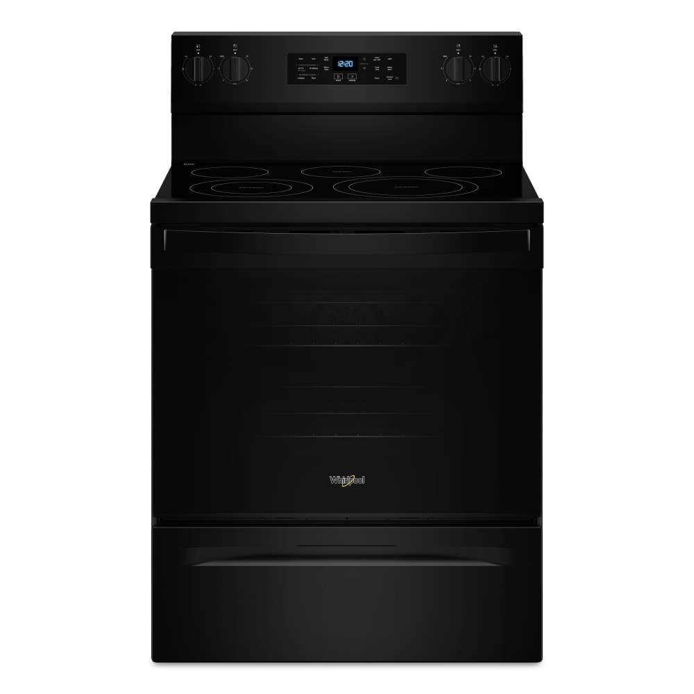 Tecnología de cocción al aire de Whirlpool, Estufa eléctrica independiente de 30 pulgadas con cubierta de vidrio, 5 quemadores, horno de convección de aire caliente de 5.3 pies cúbicos y freidora de aire (Negra) WFES5030RB