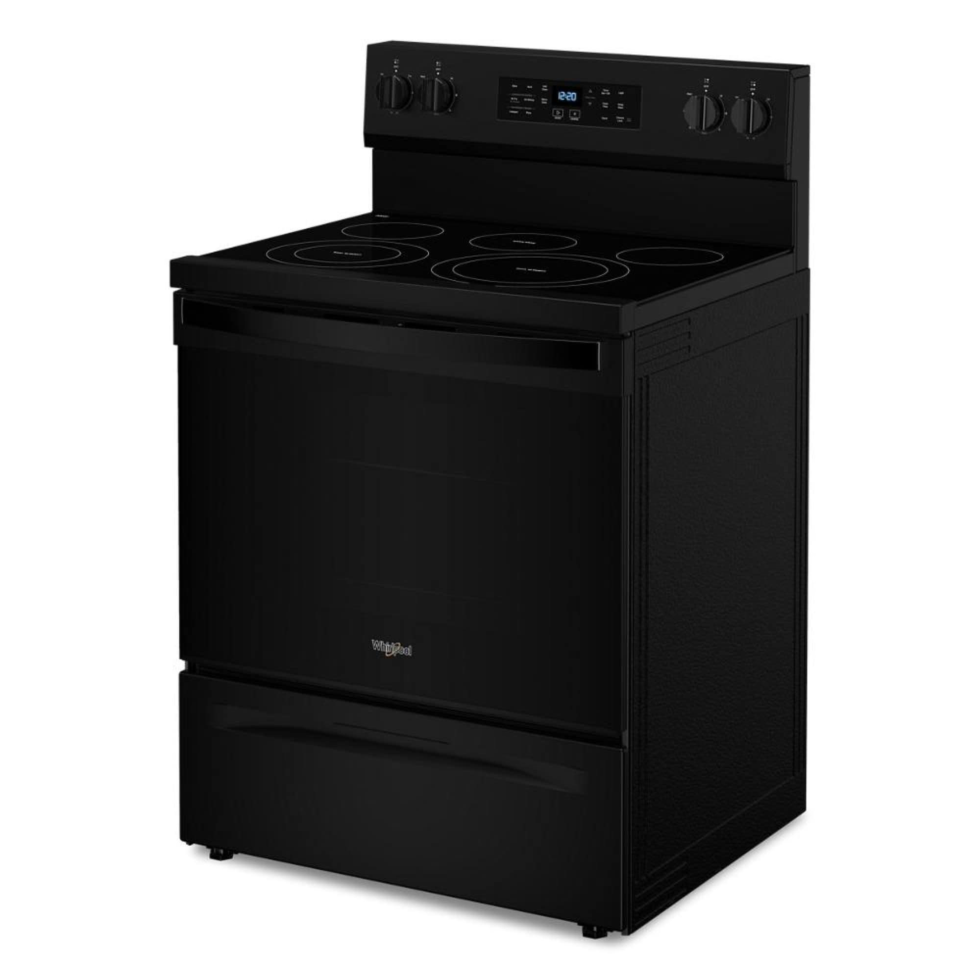 Tecnología de cocción al aire de Whirlpool, Estufa eléctrica independiente de 30 pulgadas con cubierta de vidrio, 5 quemadores, horno de convección de aire caliente de 5.3 pies cúbicos y freidora de aire (Negra) WFES5030RB