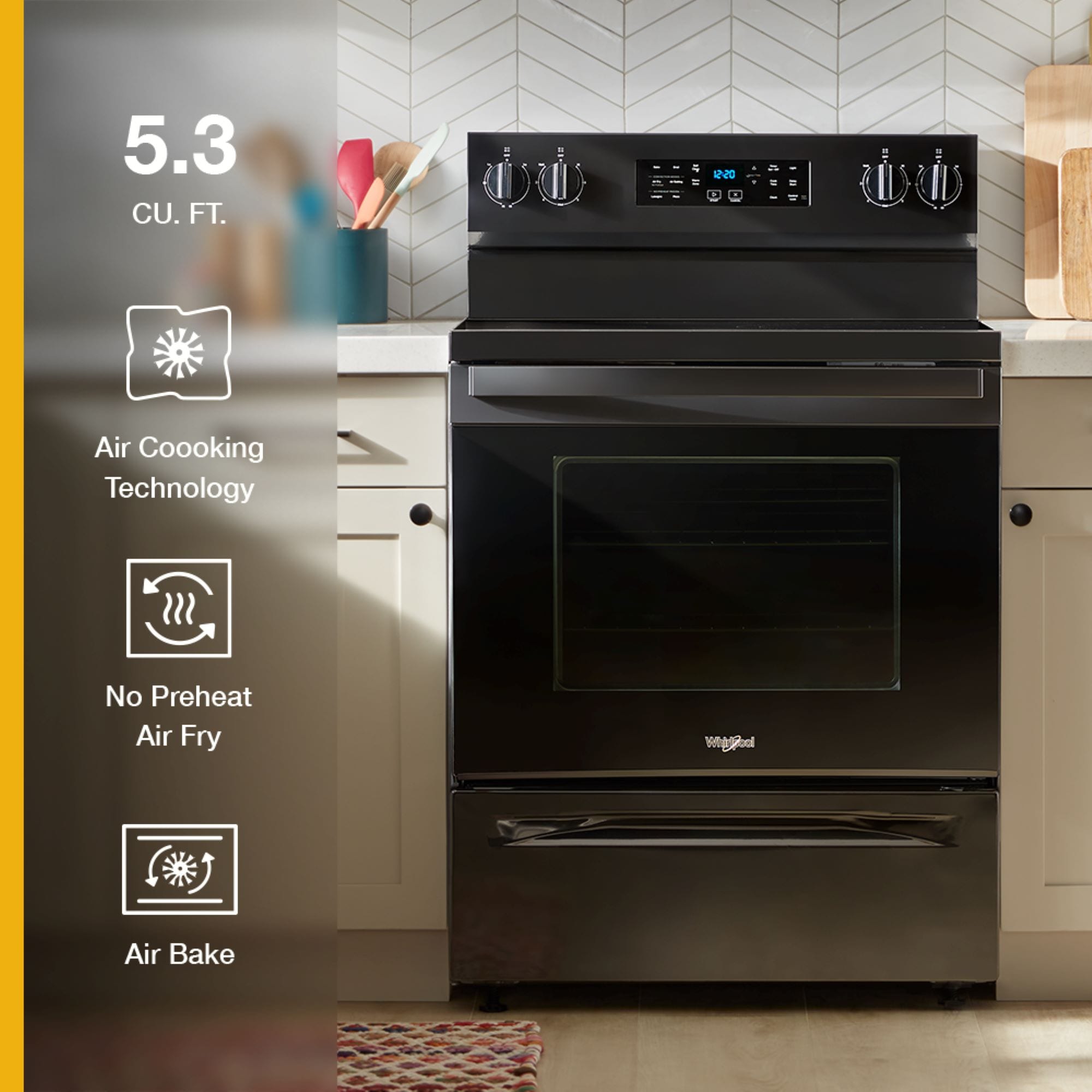 Tecnología de cocción al aire de Whirlpool, Estufa eléctrica independiente de 30 pulgadas con cubierta de vidrio, 5 quemadores, horno de convección de aire caliente de 5.3 pies cúbicos y freidora de aire (Negra) WFES5030RB