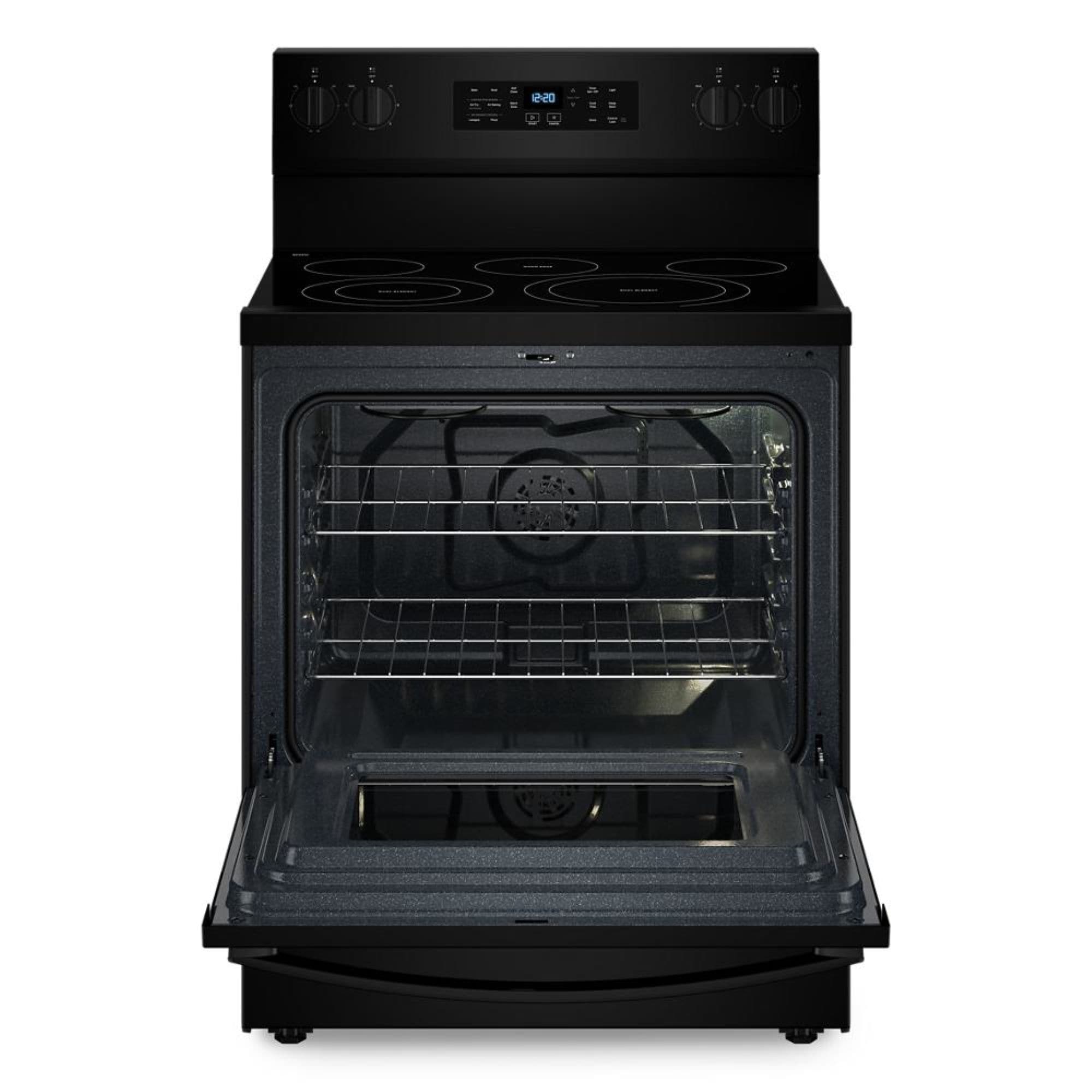 Tecnología de cocción al aire de Whirlpool, Estufa eléctrica independiente de 30 pulgadas con cubierta de vidrio, 5 quemadores, horno de convección de aire caliente de 5.3 pies cúbicos y freidora de aire (Negra) WFES5030RB