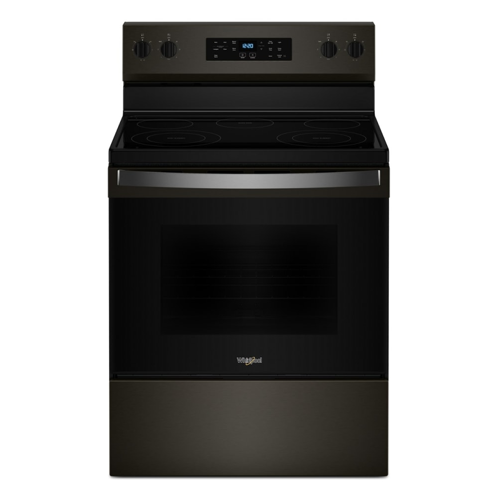 Estufa eléctrica independiente de 5 quemadores y 5.3 pies cúbicos con cubierta de vidrio de 30 pulgadas de Whirlpool (negro acero inoxidable) WFES3330RV
