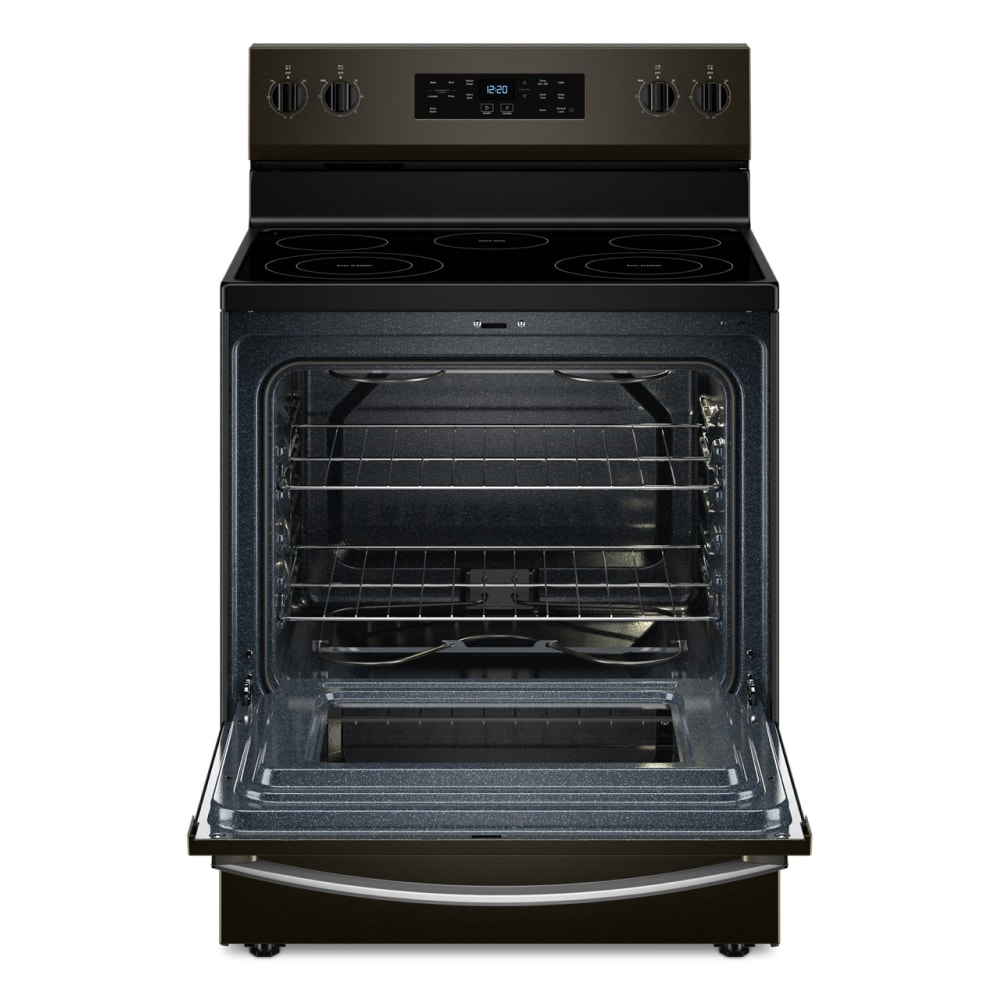 Estufa eléctrica independiente de 5 quemadores y 5.3 pies cúbicos con cubierta de vidrio de 30 pulgadas de Whirlpool (negro acero inoxidable) WFES3330RV