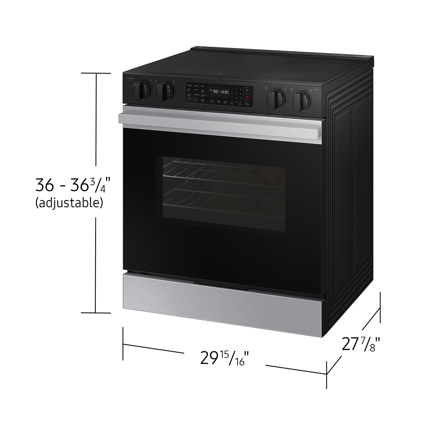 Estufa eléctrica deslizable Samsung Bespoke de 30 pulgadas con 5 quemadores en la cubierta de vidrio y horno de 6.3 pies cúbicos (Acero inoxidable) NSE6DG8100SR