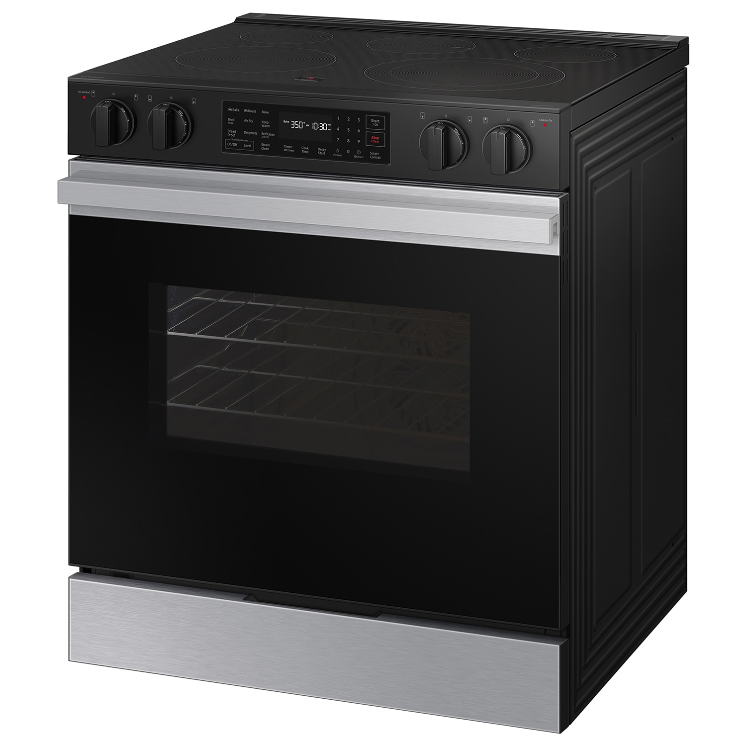 Estufa eléctrica deslizable Samsung Bespoke de 30 pulgadas con 5 quemadores en la cubierta de vidrio y horno de 6.3 pies cúbicos (Acero inoxidable) NSE6DG8100SR