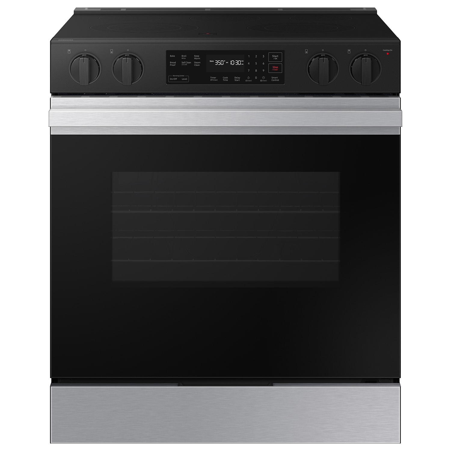 Estufa eléctrica deslizable Samsung Bespoke de 30 pulgadas con 5 quemadores en la cubierta de vidrio y horno de 6.3 pies cúbicos (Acero inoxidable) NSE6DG8100SR