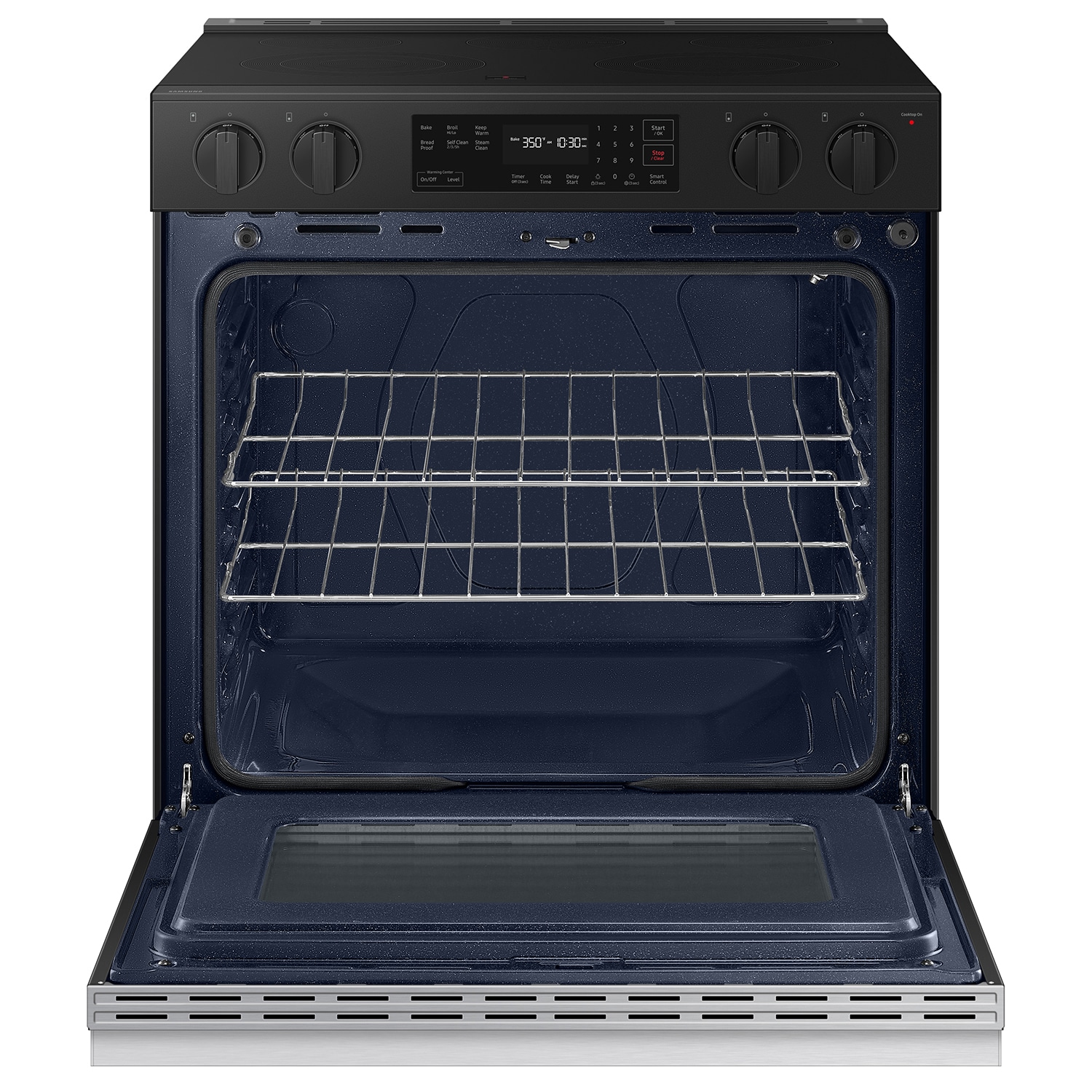 Estufa eléctrica deslizable Samsung Bespoke de 30 pulgadas con 5 quemadores en la cubierta de vidrio y horno de 6.3 pies cúbicos (Acero inoxidable) NSE6DG8100SR