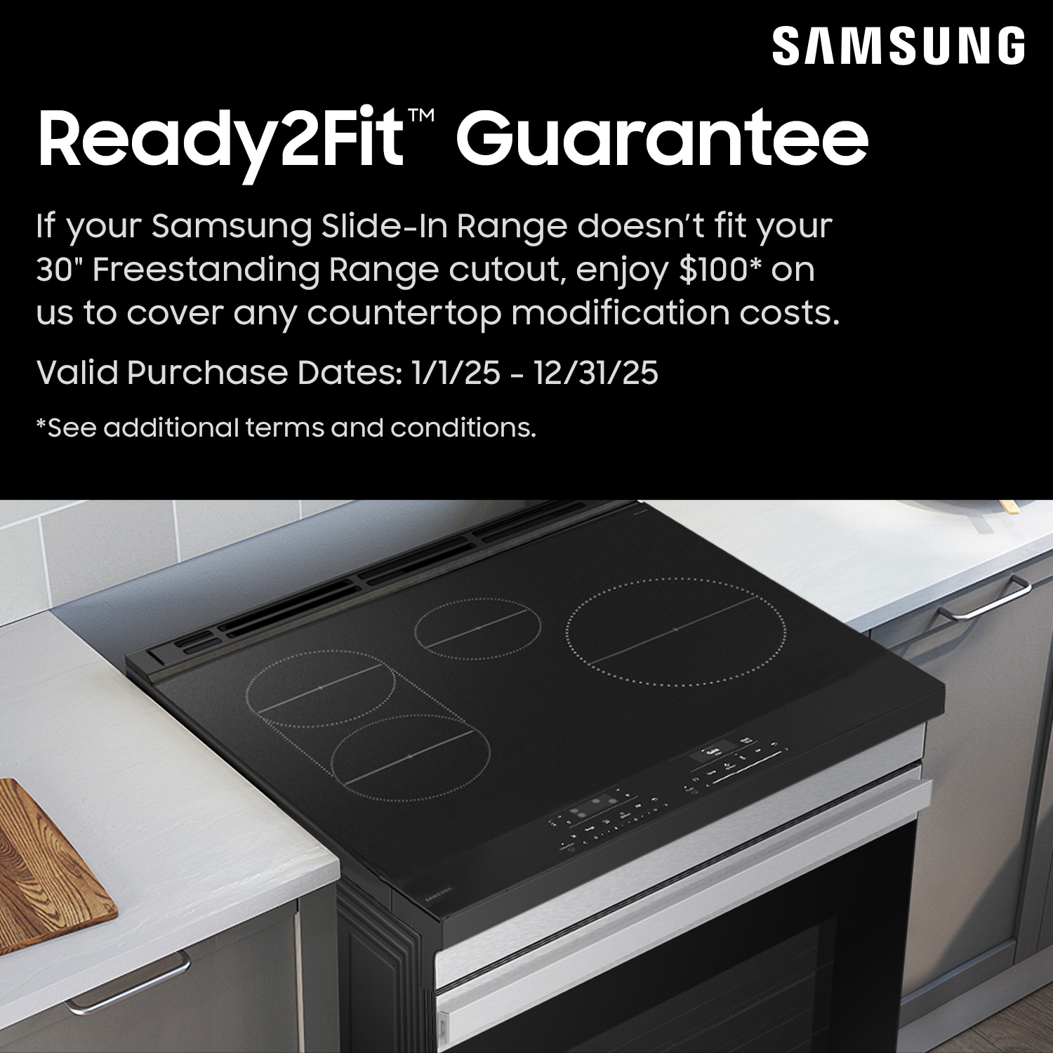 Estufa eléctrica deslizable Samsung Bespoke de 30 pulgadas con 5 quemadores en la cubierta de vidrio y horno de 6.3 pies cúbicos (Acero inoxidable) NSE6DG8100SR