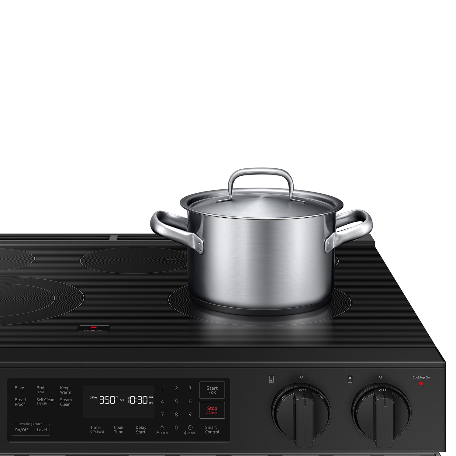 Estufa eléctrica deslizable Samsung Bespoke de 30 pulgadas con 5 quemadores en la cubierta de vidrio y horno de 6.3 pies cúbicos (Acero inoxidable) NSE6DG8100SR