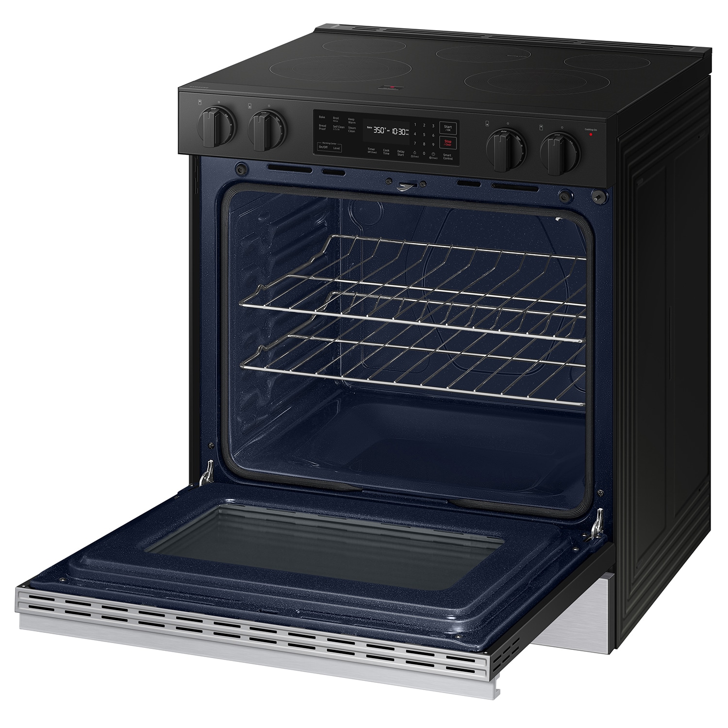 Estufa eléctrica deslizable Samsung Bespoke de 30 pulgadas con 5 quemadores en la cubierta de vidrio y horno de 6.3 pies cúbicos (Acero inoxidable) NSE6DG8100SR