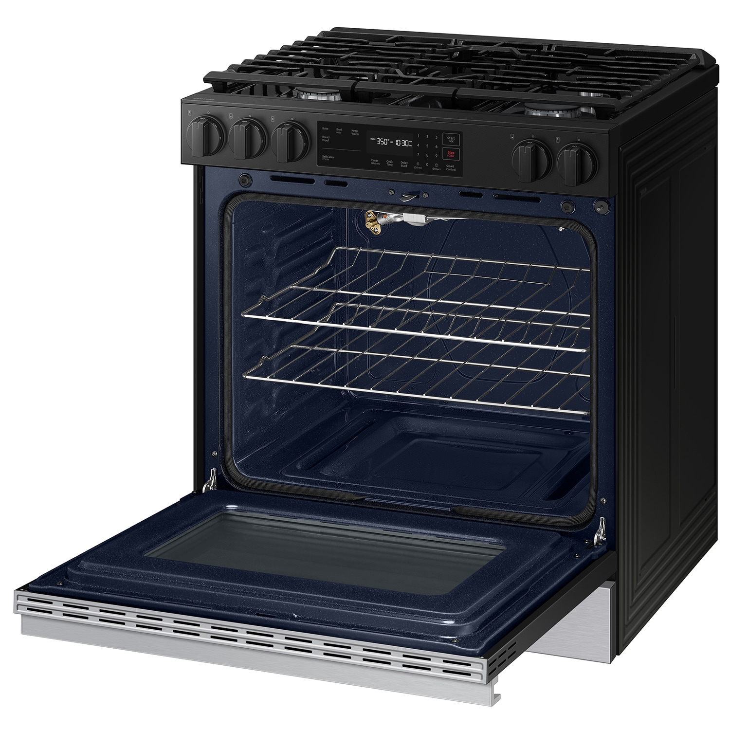 Estufa eléctrica deslizable Samsung Bespoke de 30 pulgadas con 5 quemadores en la cubierta de vidrio y horno de 6.3 pies cúbicos (Acero inoxidable) NSE6DG8100SR