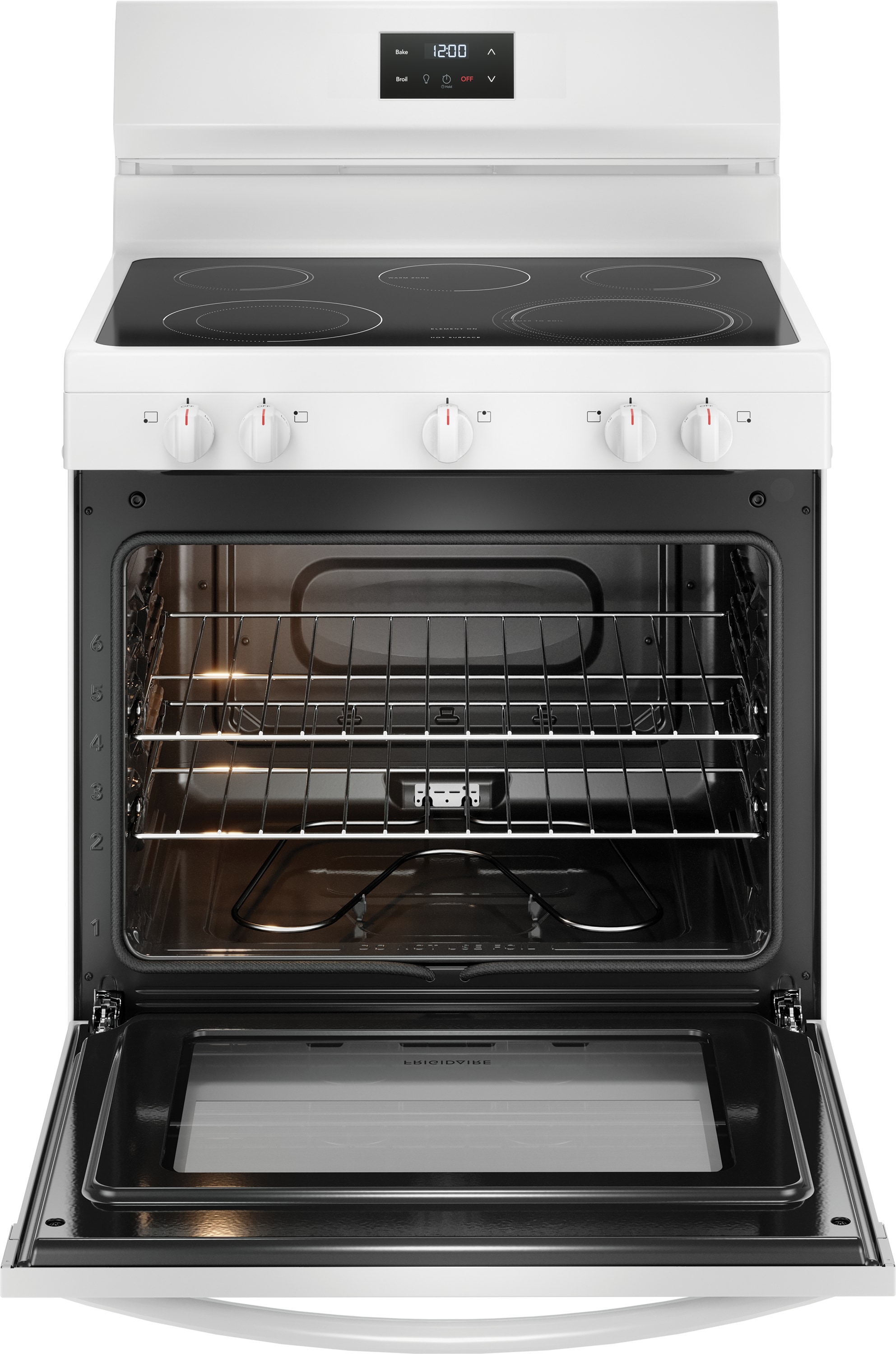 Estufa Eléctrica de Piso con 5 Quemadores y 5.3 pies cúbicos - Frigidaire 30 pulgadas Encimera de Vidrio en Color Blanco