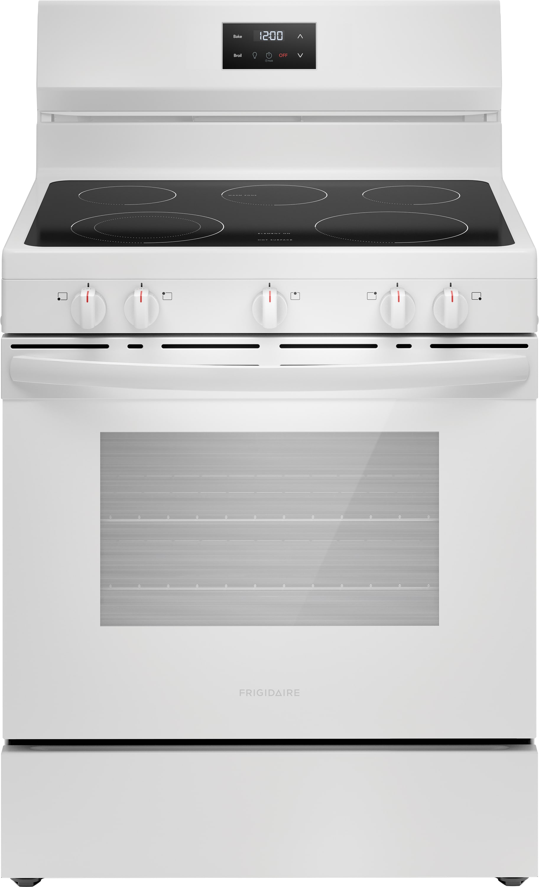 Estufa Eléctrica de Piso con 5 Quemadores y 5.3 pies cúbicos - Frigidaire 30 pulgadas Encimera de Vidrio en Color Blanco