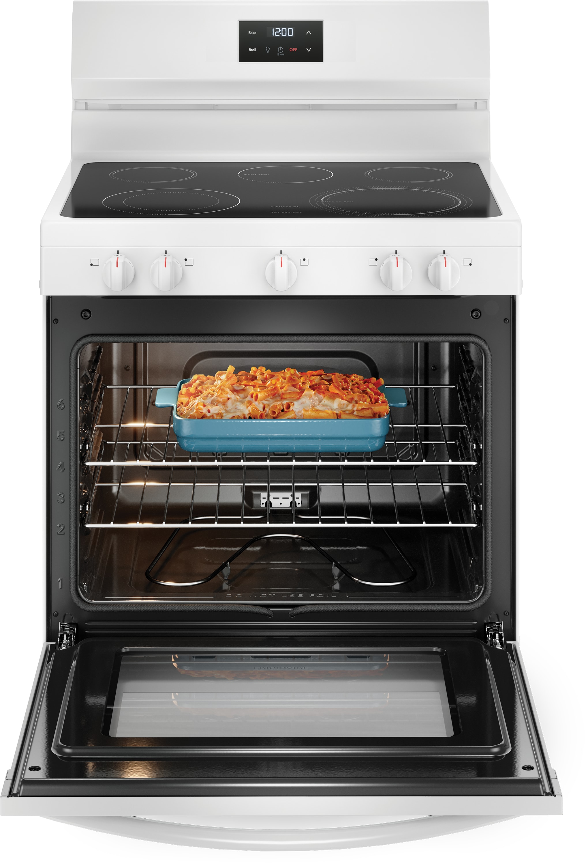 Estufa Eléctrica de Piso con 5 Quemadores y 5.3 pies cúbicos - Frigidaire 30 pulgadas Encimera de Vidrio en Color Blanco