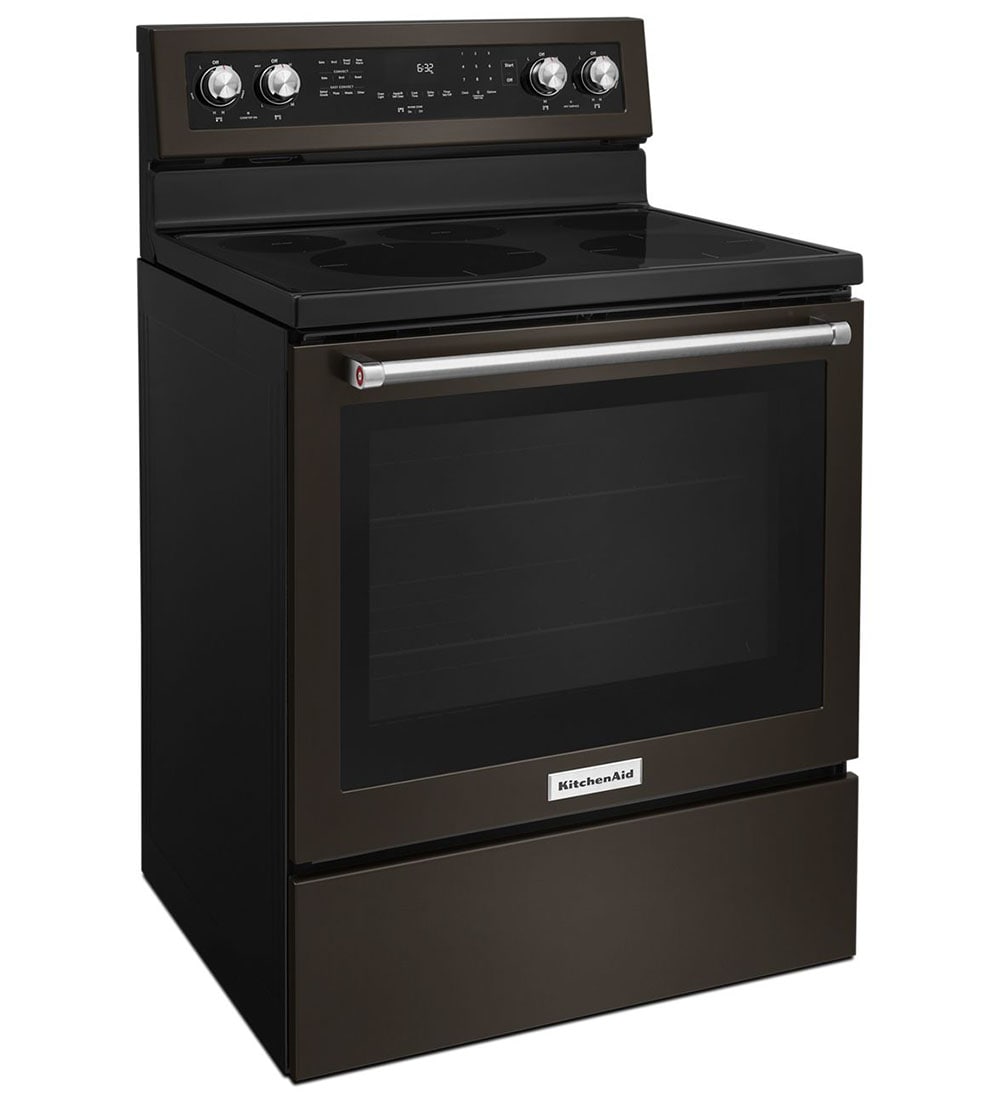 Estufa eléctrica independiente con horno de convección de 6.4 pies cúbicos, 5 quemadores y cubierta de vidrio de 30 pulgadas en acero inoxidable negro con acabado PRINTSHIELD de KitchenAid