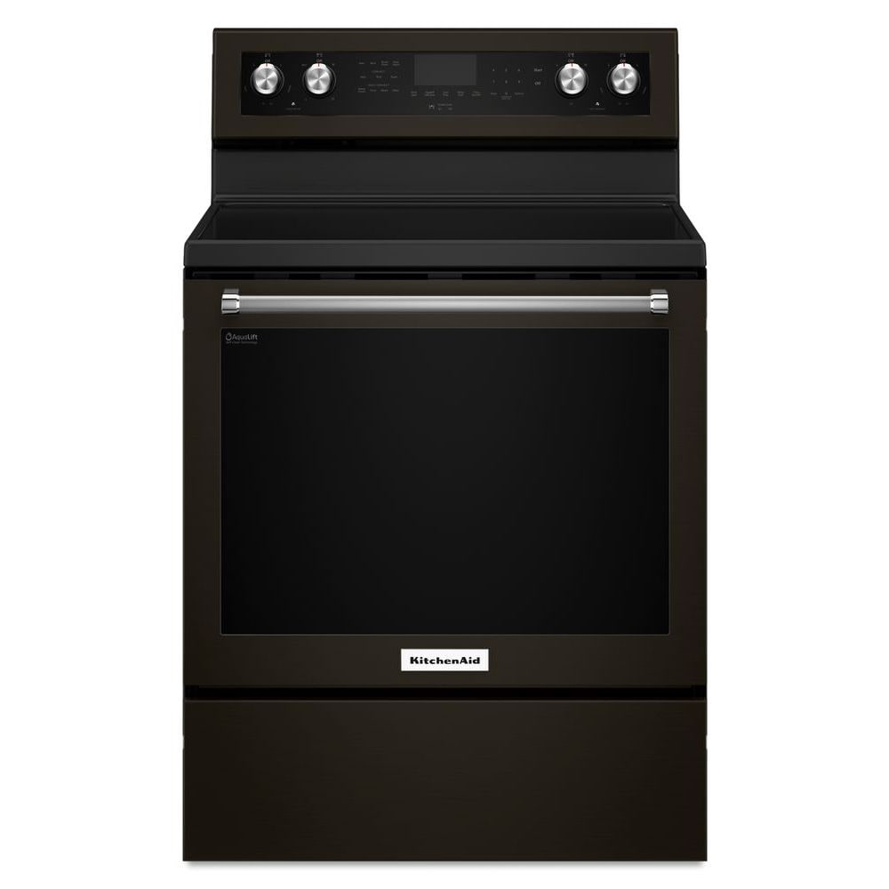Estufa eléctrica independiente con horno de convección de 6.4 pies cúbicos, 5 quemadores y cubierta de vidrio de 30 pulgadas en acero inoxidable negro con acabado PRINTSHIELD de KitchenAid