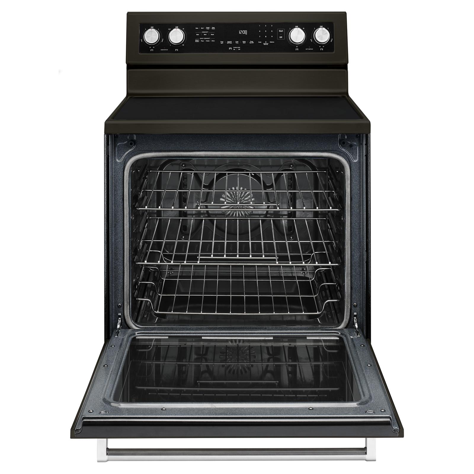 Estufa eléctrica independiente con horno de convección de 6.4 pies cúbicos, 5 quemadores y cubierta de vidrio de 30 pulgadas en acero inoxidable negro con acabado PRINTSHIELD de KitchenAid