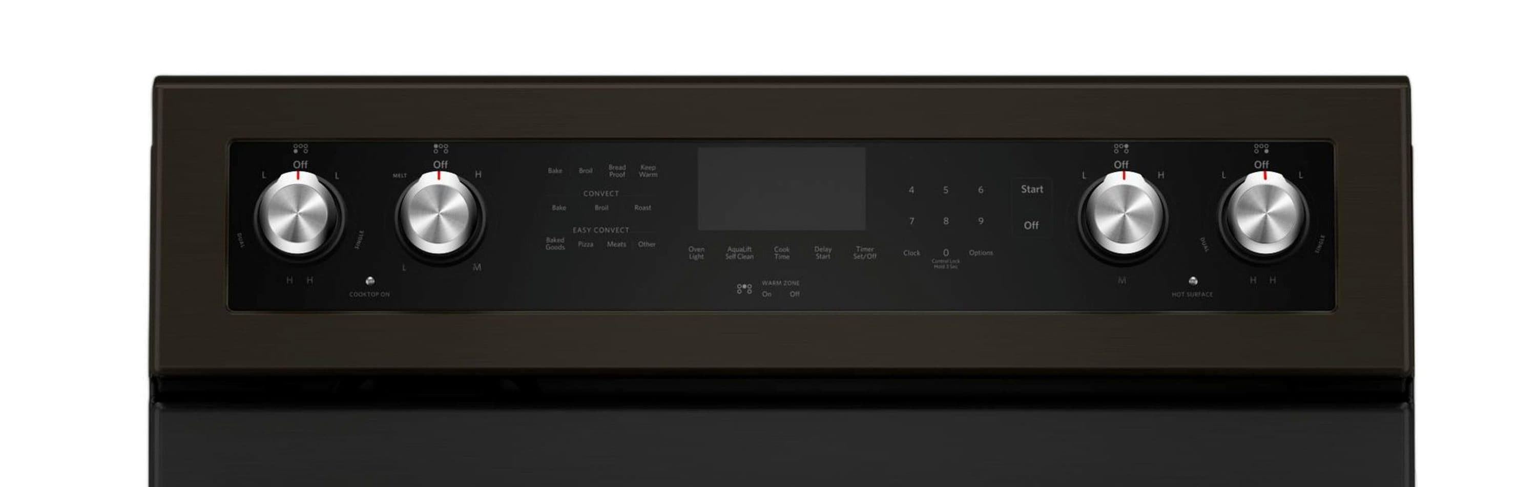 Estufa eléctrica independiente con horno de convección de 6.4 pies cúbicos, 5 quemadores y cubierta de vidrio de 30 pulgadas en acero inoxidable negro con acabado PRINTSHIELD de KitchenAid