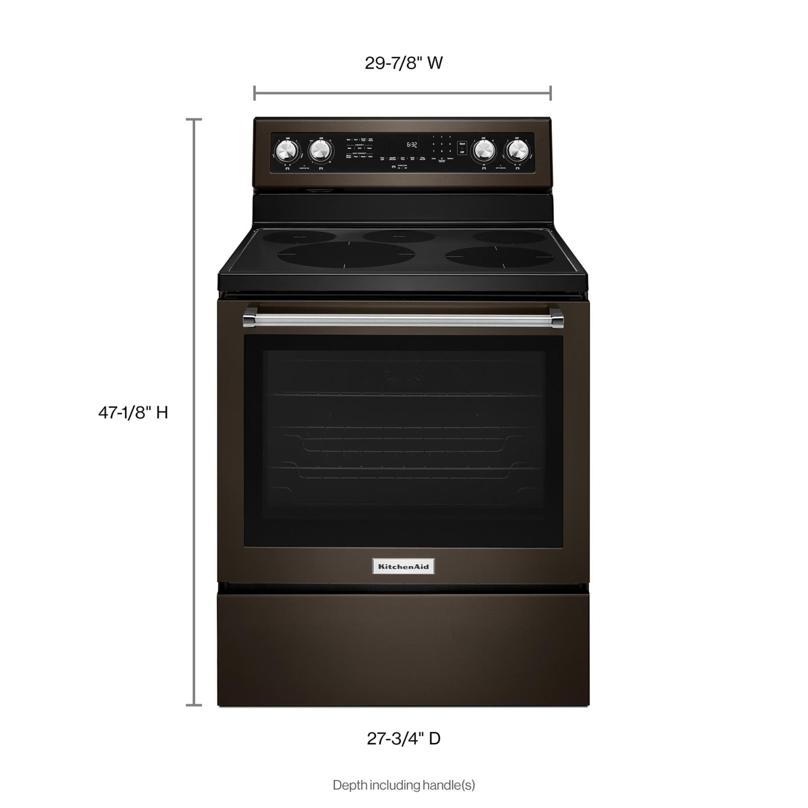 Estufa eléctrica independiente con horno de convección de 6.4 pies cúbicos, 5 quemadores y cubierta de vidrio de 30 pulgadas en acero inoxidable negro con acabado PRINTSHIELD de KitchenAid