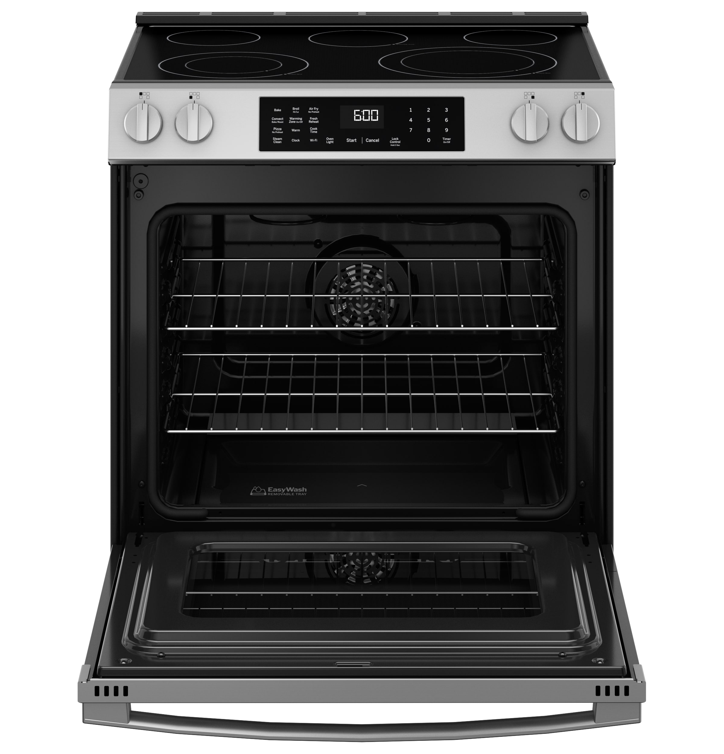 Charola para horno GE EasyWash de 30 pulgadas con cubierta de vidrio, 5 quemadores, horno de convección con freidora de aire de 5.3 pies cúbicos, estufa eléctrica deslizable (acero inoxidable resistente a huellas dactilares) GRS60LAVFS
