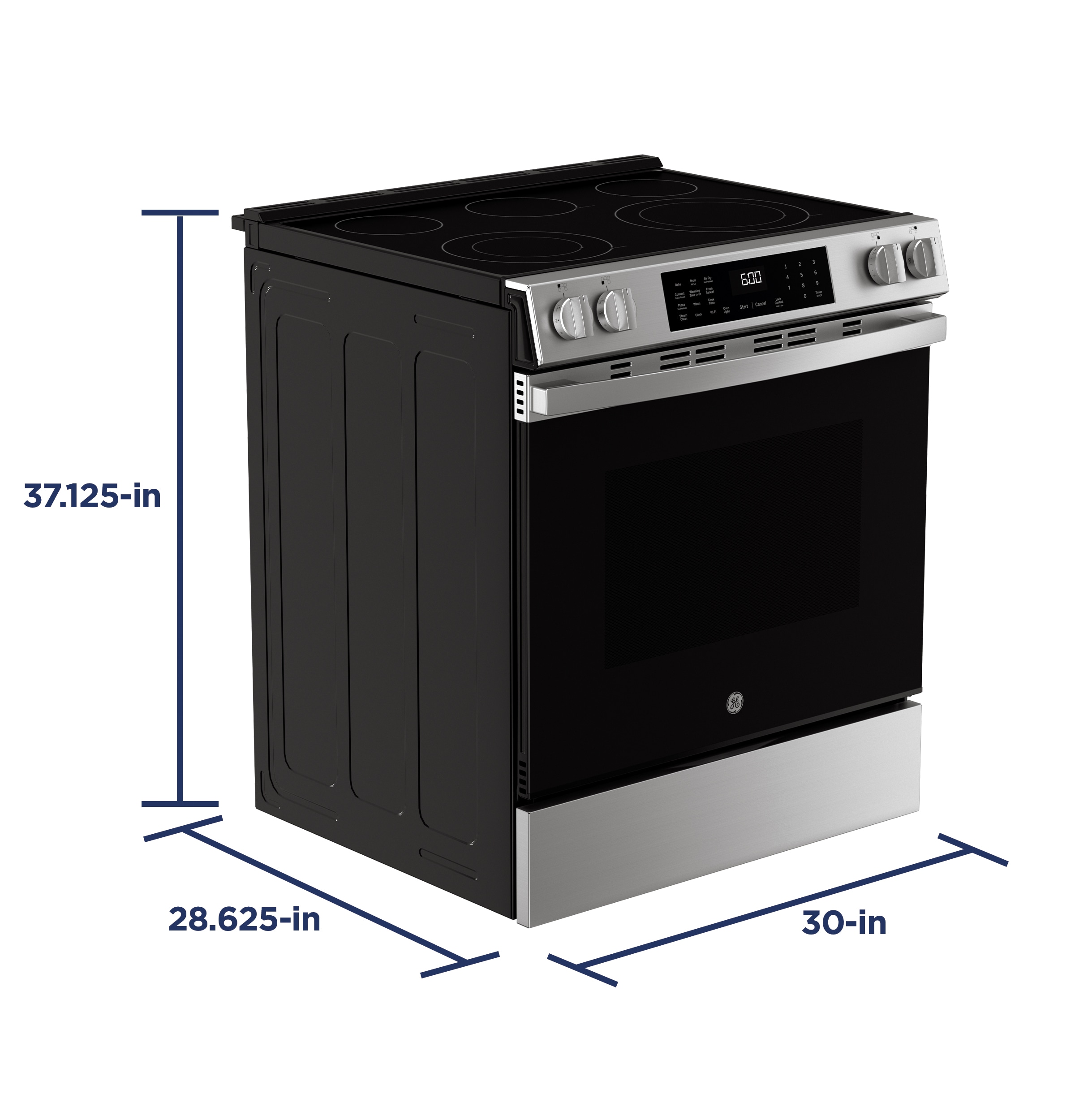 Charola para horno GE EasyWash de 30 pulgadas con cubierta de vidrio, 5 quemadores, horno de convección con freidora de aire de 5.3 pies cúbicos, estufa eléctrica deslizable (acero inoxidable resistente a huellas dactilares) GRS60LAVFS