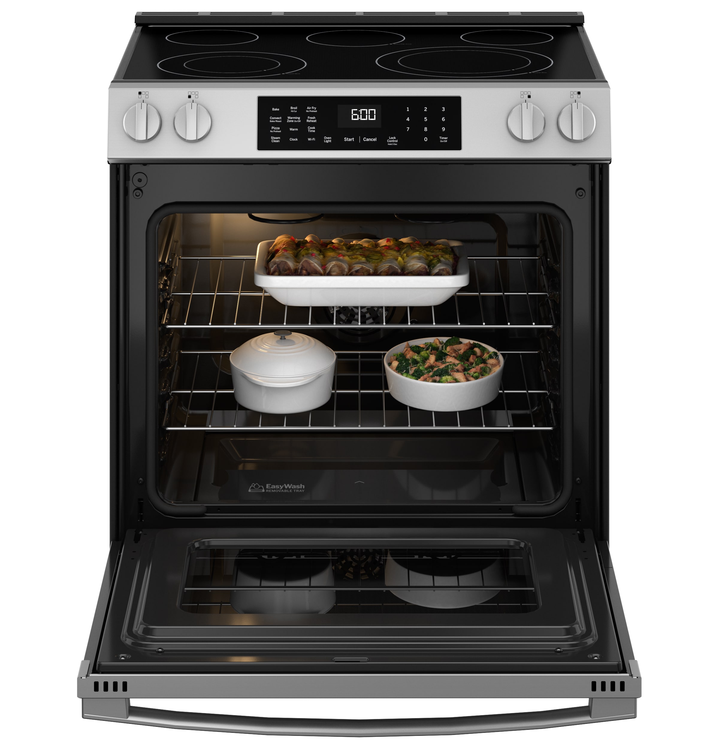 Charola para horno GE EasyWash de 30 pulgadas con cubierta de vidrio, 5 quemadores, horno de convección con freidora de aire de 5.3 pies cúbicos, estufa eléctrica deslizable (acero inoxidable resistente a huellas dactilares) GRS60LAVFS