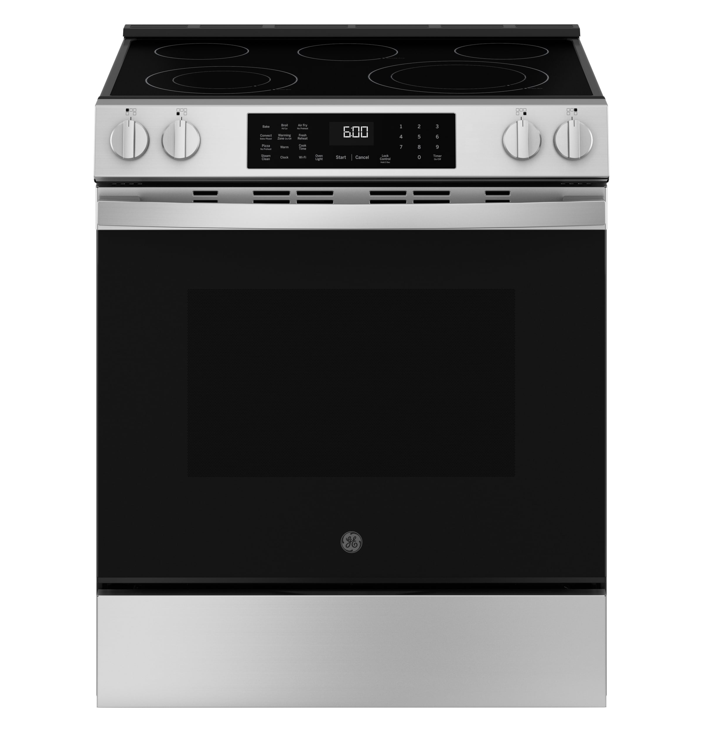 Charola para horno GE EasyWash de 30 pulgadas con cubierta de vidrio, 5 quemadores, horno de convección con freidora de aire de 5.3 pies cúbicos, estufa eléctrica deslizable (acero inoxidable resistente a huellas dactilares) GRS60LAVFS