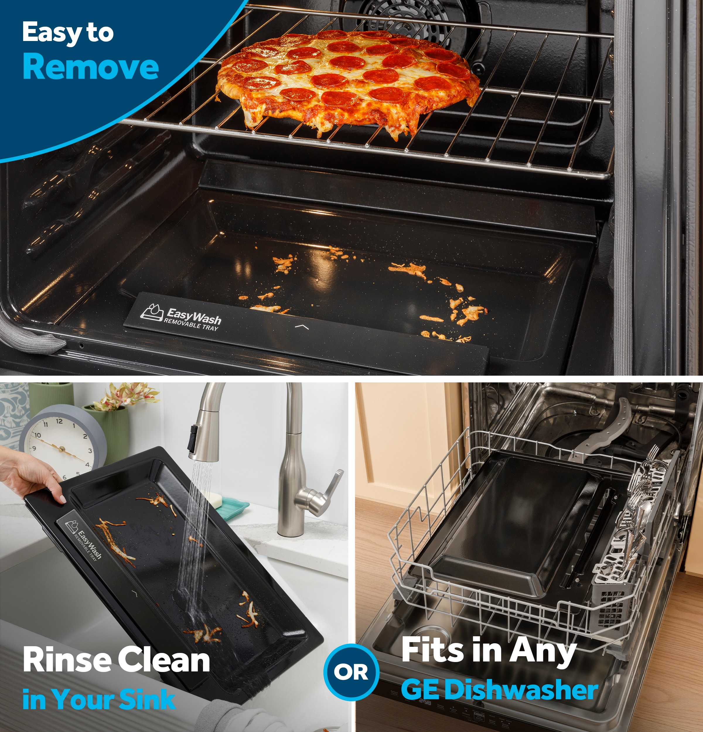 Charola para horno GE EasyWash de 30 pulgadas con cubierta de vidrio, 5 quemadores, horno de convección con freidora de aire de 5.3 pies cúbicos, estufa eléctrica deslizable (acero inoxidable resistente a huellas dactilares) GRS60LAVFS