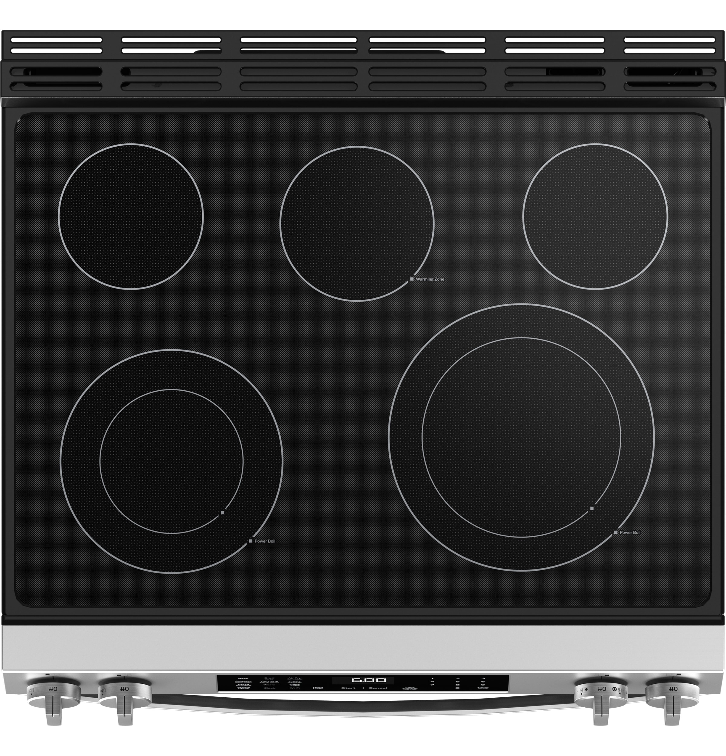Charola para horno GE EasyWash de 30 pulgadas con cubierta de vidrio, 5 quemadores, horno de convección con freidora de aire de 5.3 pies cúbicos, estufa eléctrica deslizable (acero inoxidable resistente a huellas dactilares) GRS60LAVFS