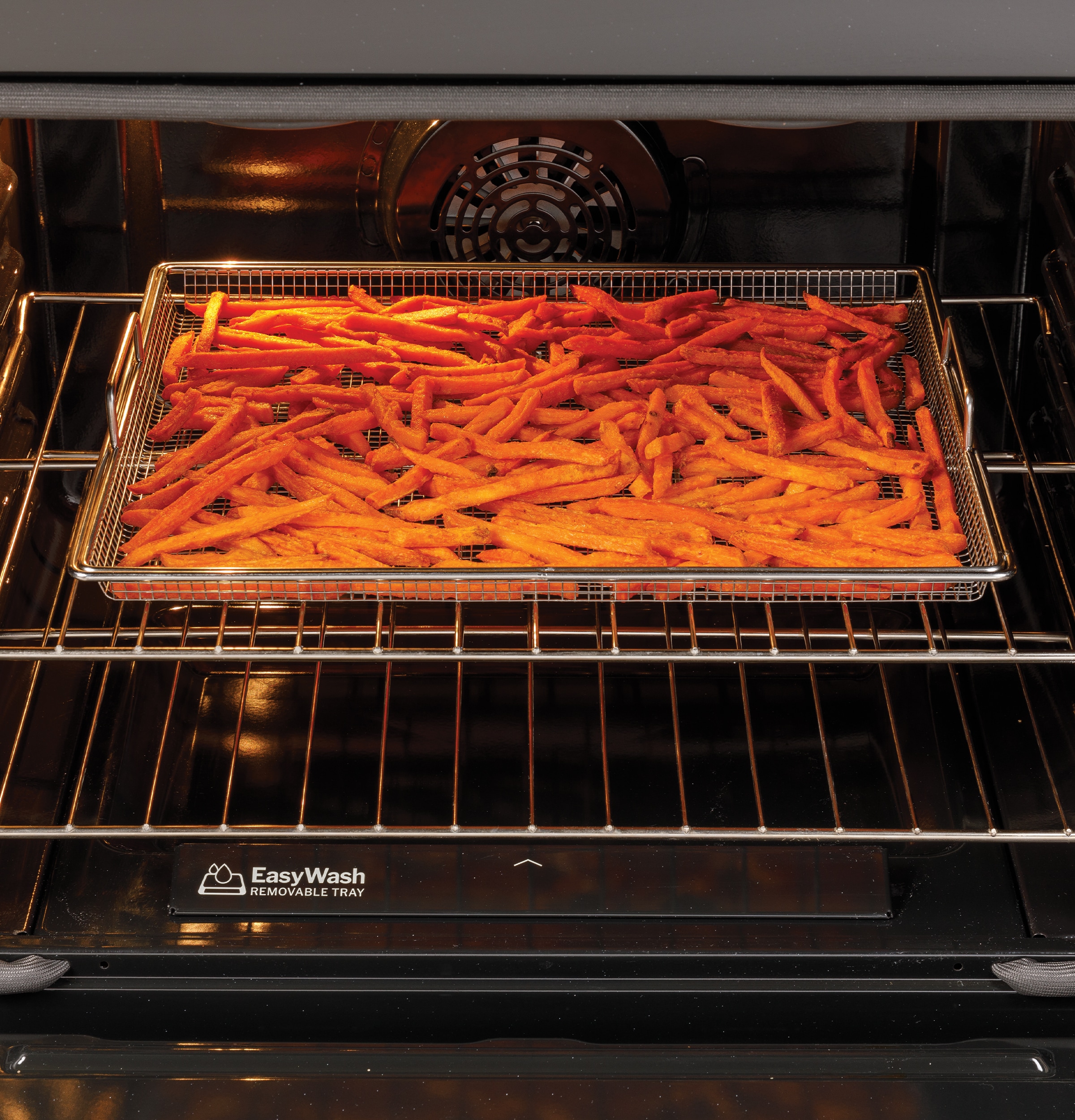 Charola para horno GE EasyWash de 30 pulgadas con cubierta de vidrio, 5 quemadores, horno de convección con freidora de aire de 5.3 pies cúbicos, estufa eléctrica deslizable (acero inoxidable resistente a huellas dactilares) GRS60LAVFS