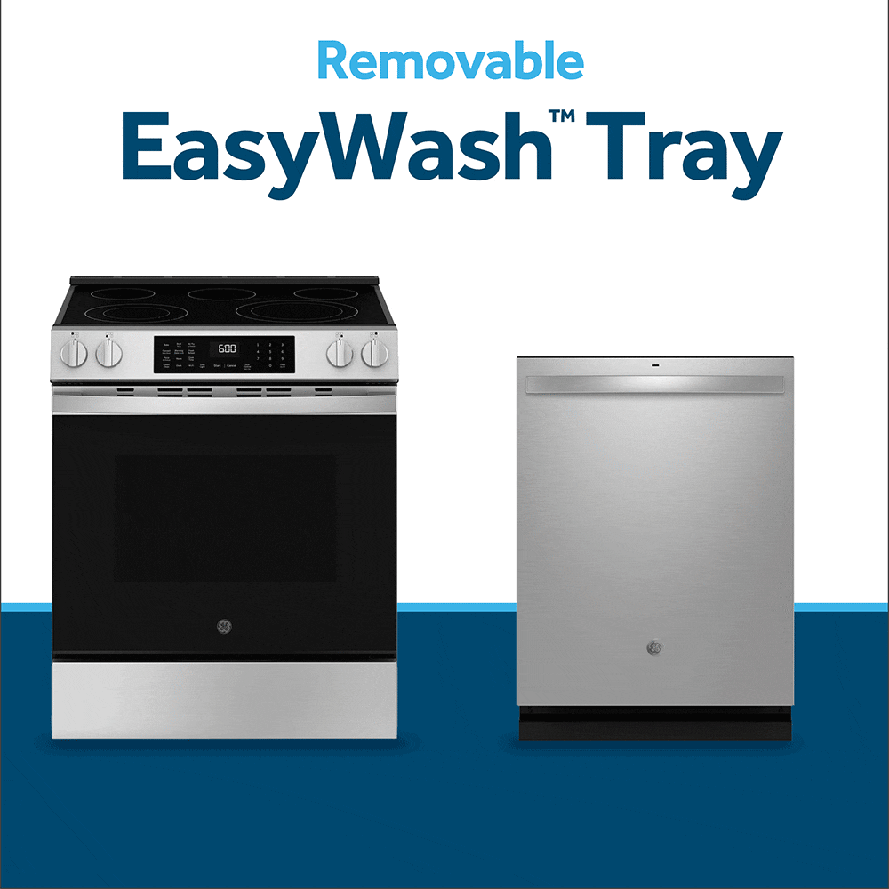 Charola para horno GE EasyWash de 30 pulgadas con cubierta de vidrio, 5 quemadores, horno de convección con freidora de aire de 5.3 pies cúbicos, estufa eléctrica deslizable (acero inoxidable resistente a huellas dactilares) GRS60LAVFS