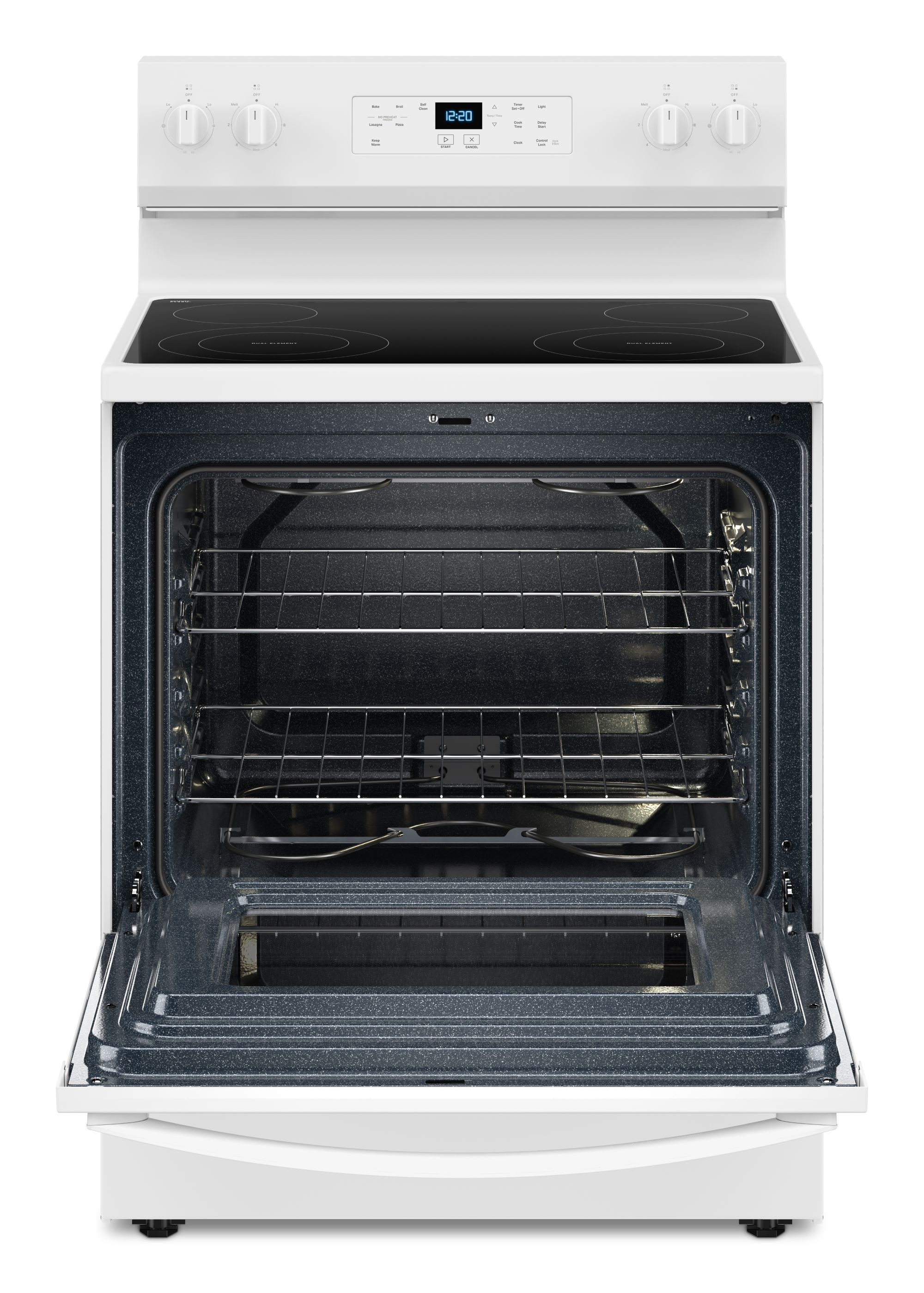 Estufa eléctrica independiente de 30 pulgadas con tapa de cristal y 4 quemadores en color blanco de 5.3 pies cúbicos de Whirlpool (WFES3530RW)
