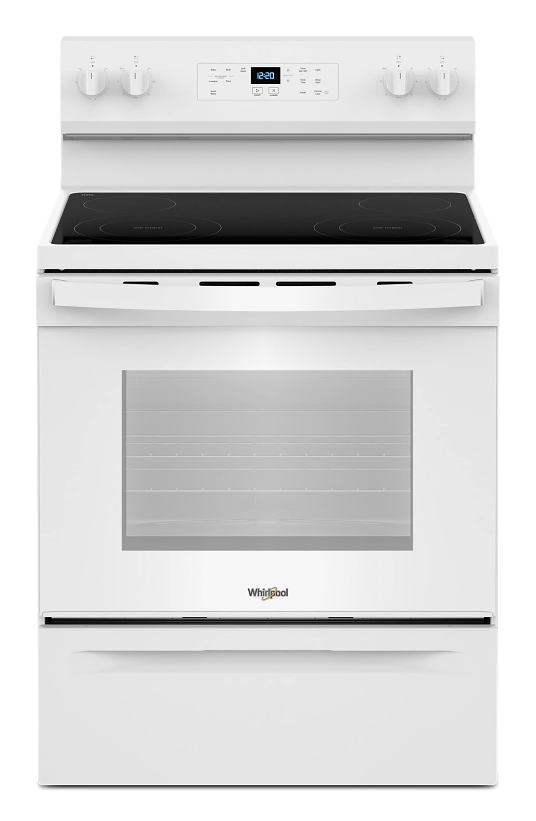 Estufa eléctrica independiente de 30 pulgadas con tapa de cristal y 4 quemadores en color blanco de 5.3 pies cúbicos de Whirlpool (WFES3530RW)