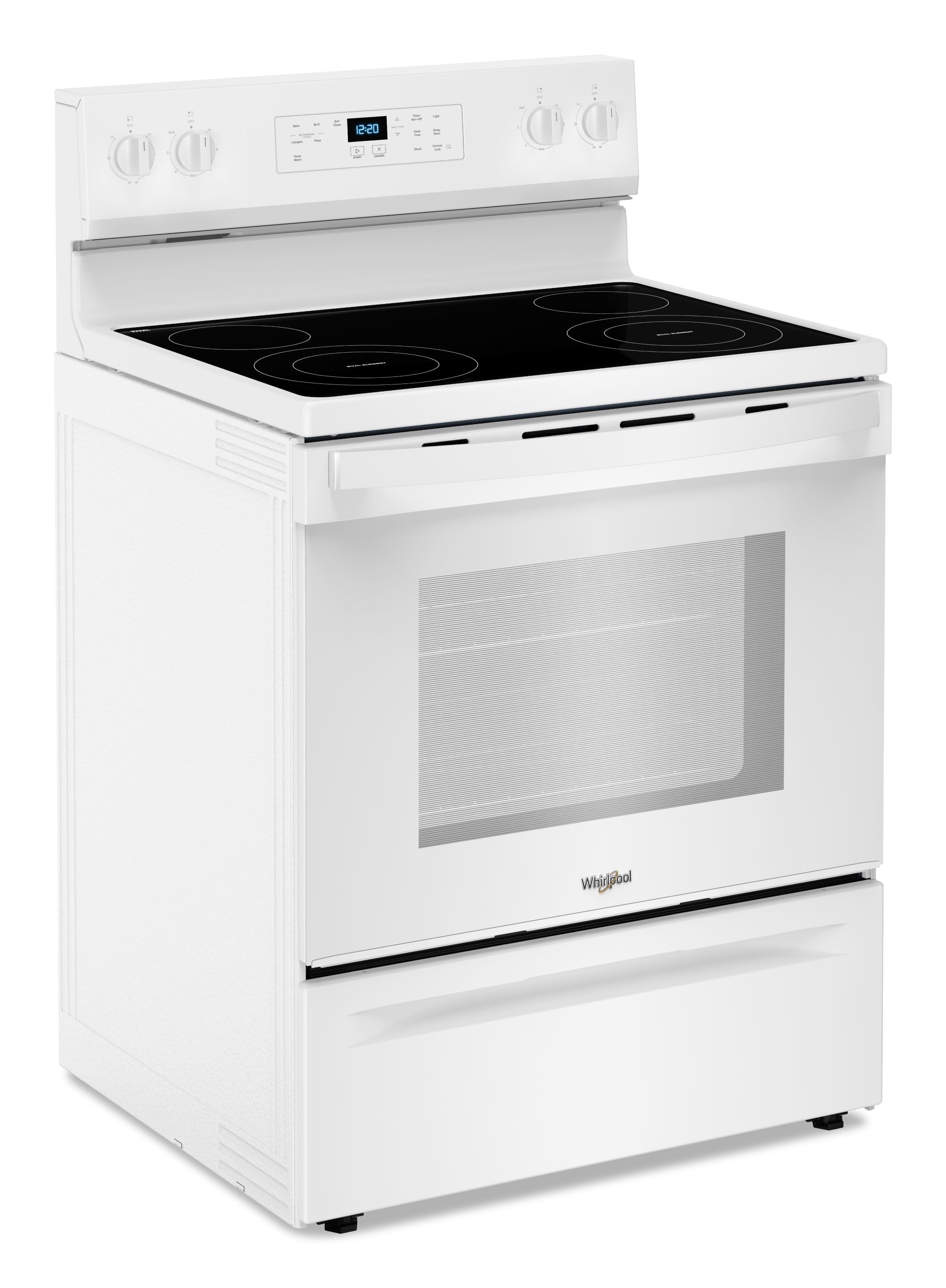 Estufa eléctrica independiente de 30 pulgadas con tapa de cristal y 4 quemadores en color blanco de 5.3 pies cúbicos de Whirlpool (WFES3530RW)