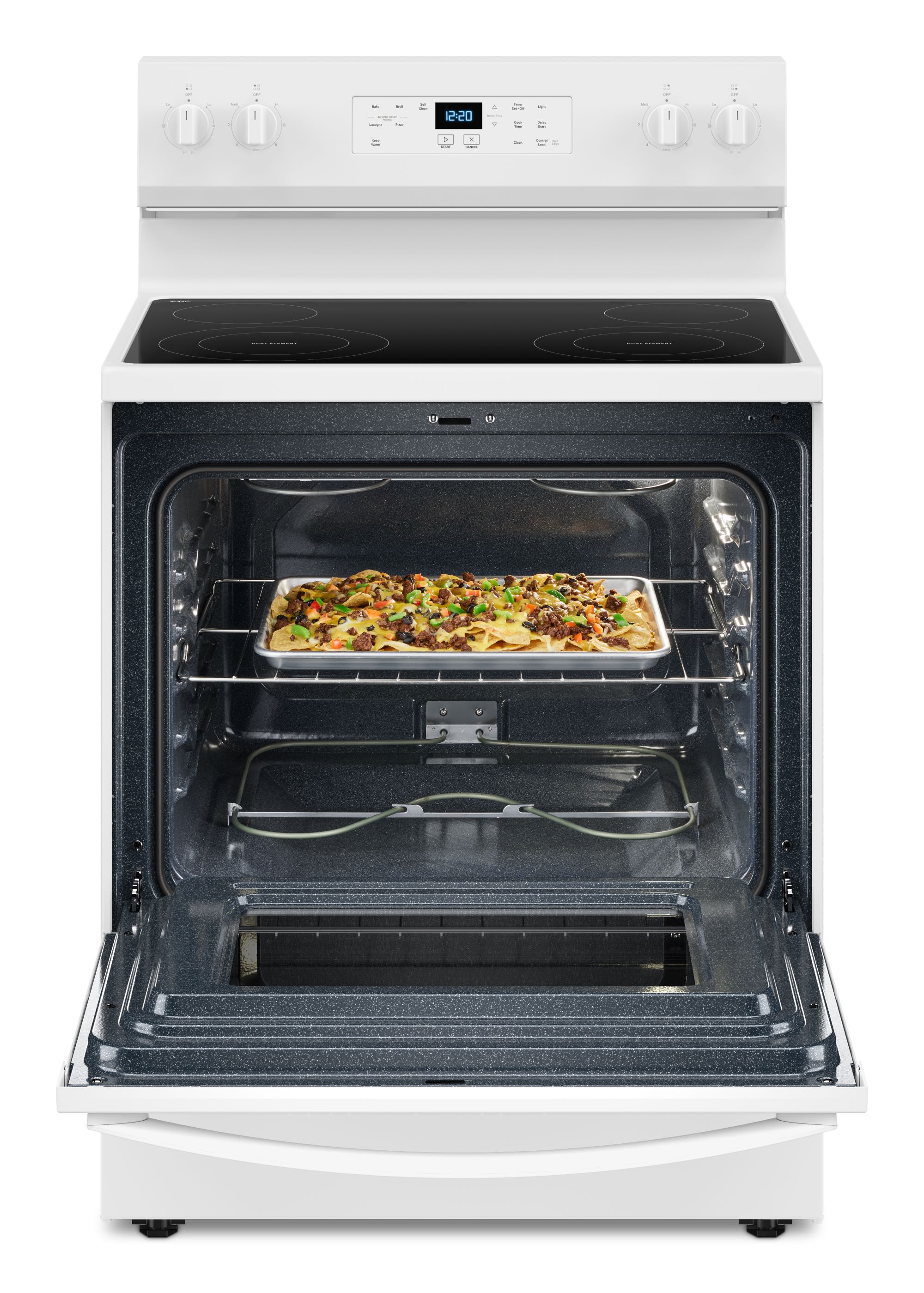 Estufa eléctrica independiente de 30 pulgadas con tapa de cristal y 4 quemadores en color blanco de 5.3 pies cúbicos de Whirlpool (WFES3530RW)