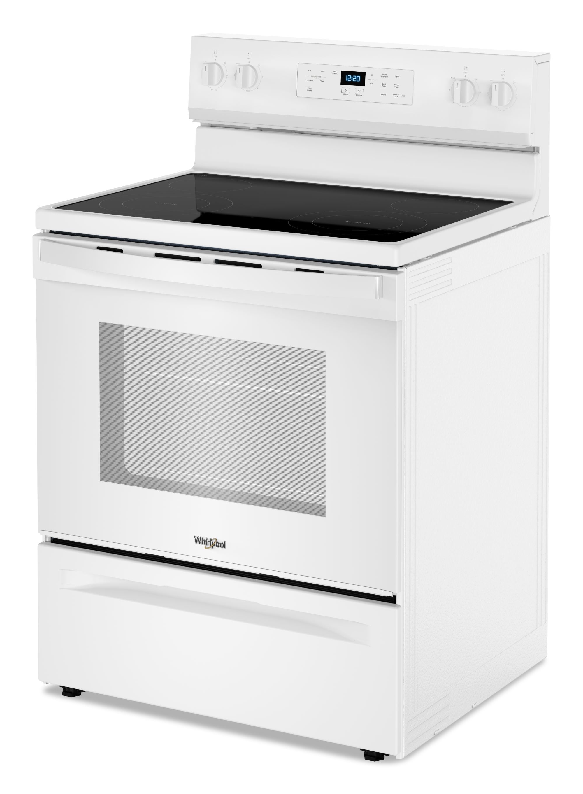 Estufa eléctrica independiente de 30 pulgadas con tapa de cristal y 4 quemadores en color blanco de 5.3 pies cúbicos de Whirlpool (WFES3530RW)