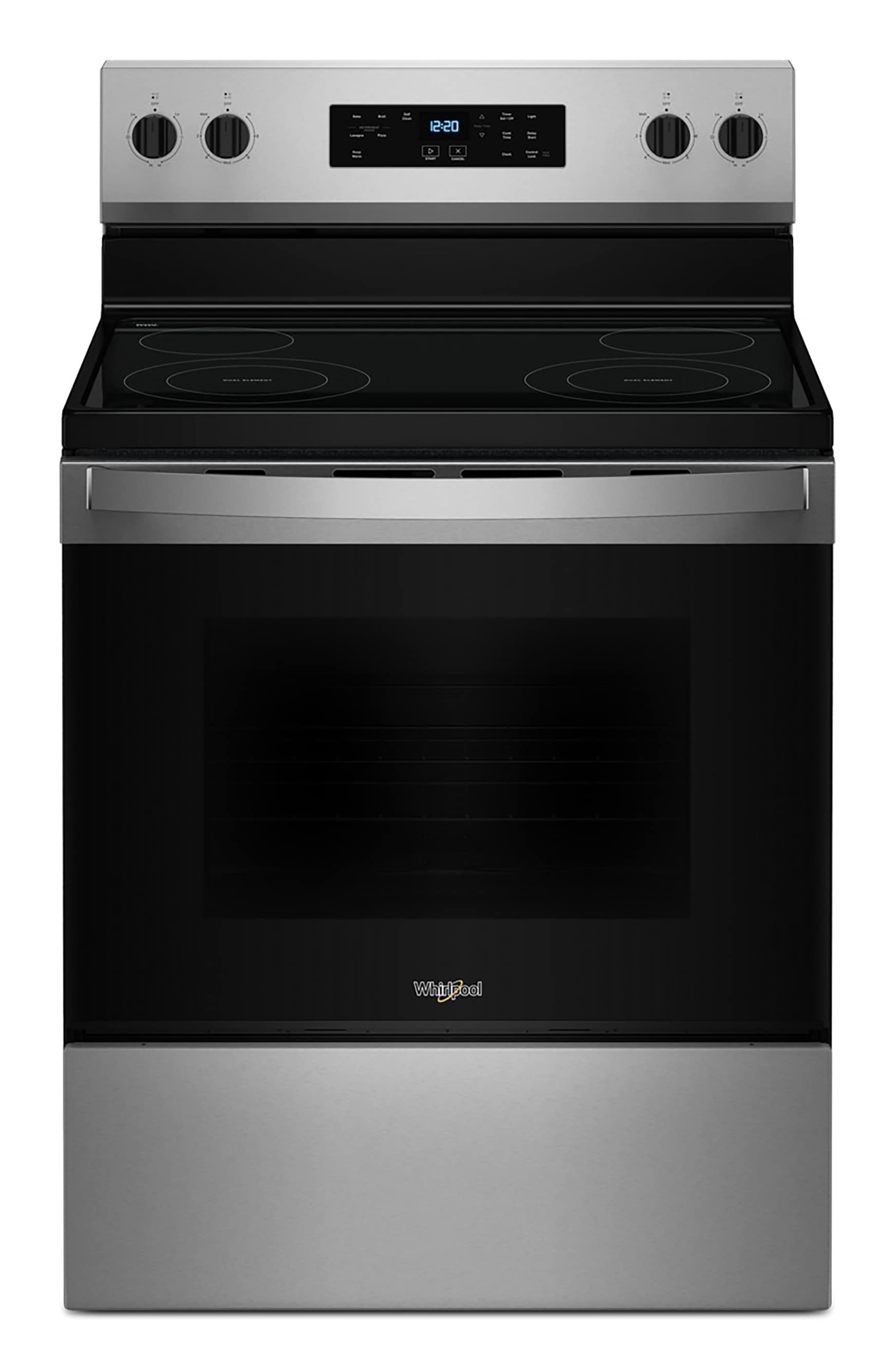 Estufa eléctrica independiente de vidrio de 30 pulgadas con 4 quemadores y horno de 5.3 pies cúbicos de acero inoxidable Whirlpool WFES3530RS