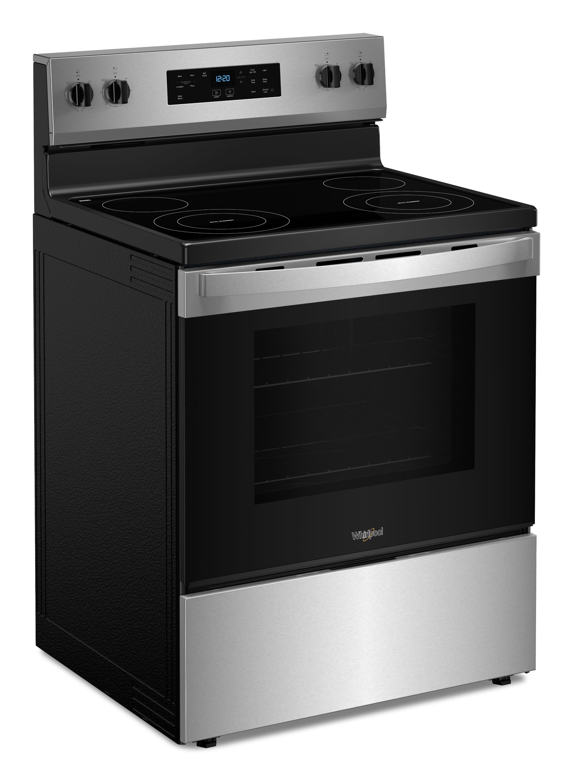 Estufa eléctrica independiente de vidrio de 30 pulgadas con 4 quemadores y horno de 5.3 pies cúbicos de acero inoxidable Whirlpool WFES3530RS