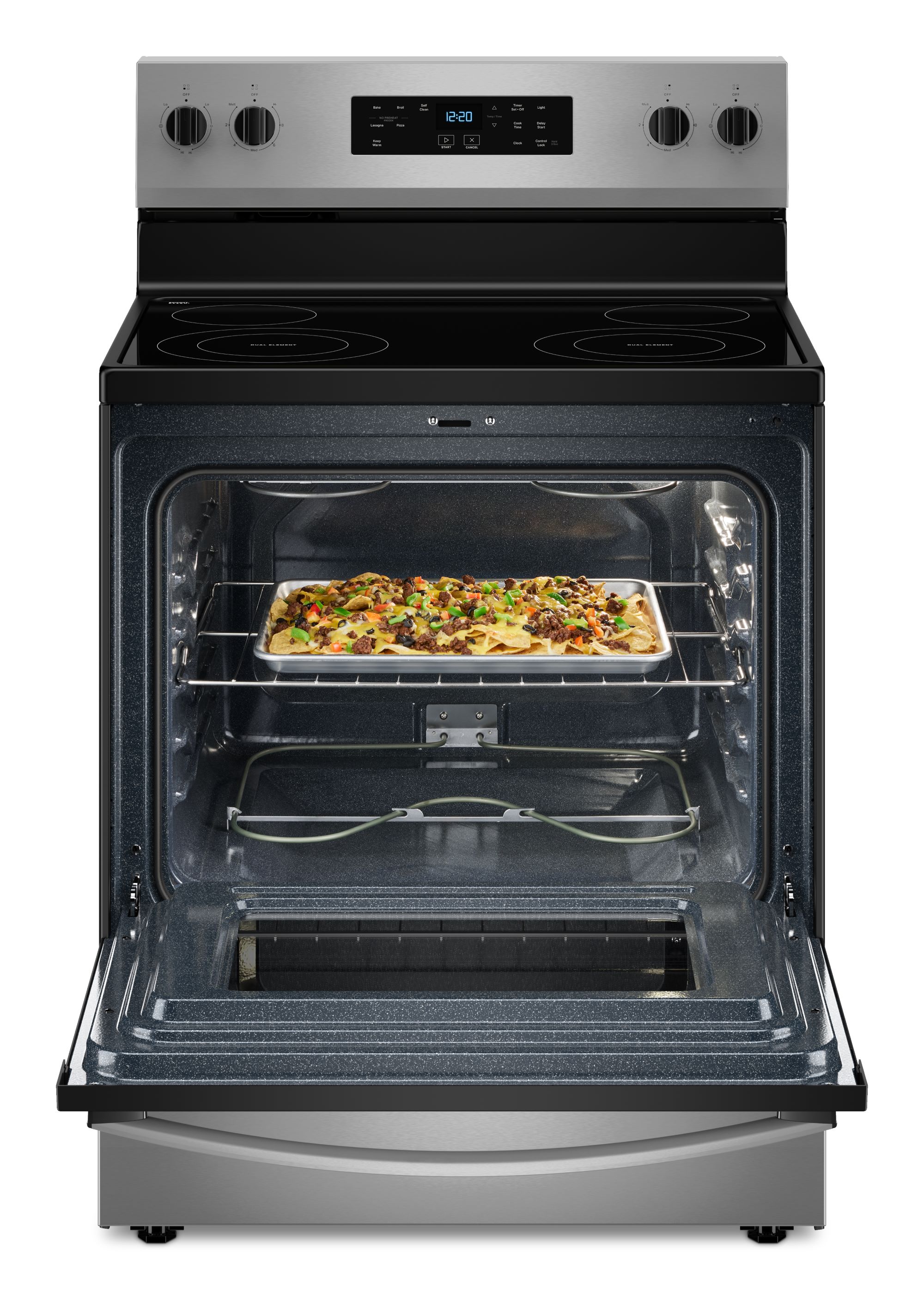 Estufa eléctrica independiente de vidrio de 30 pulgadas con 4 quemadores y horno de 5.3 pies cúbicos de acero inoxidable Whirlpool WFES3530RS