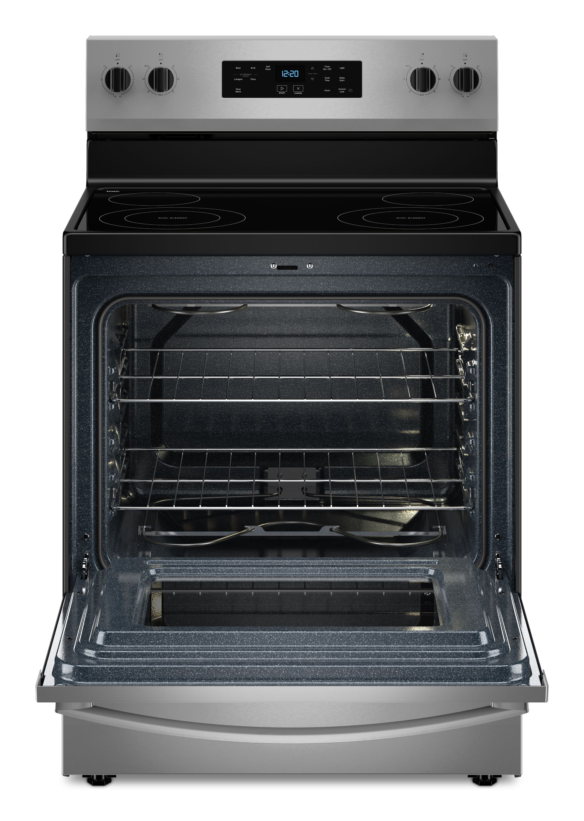 Estufa eléctrica independiente de vidrio de 30 pulgadas con 4 quemadores y horno de 5.3 pies cúbicos de acero inoxidable Whirlpool WFES3530RS